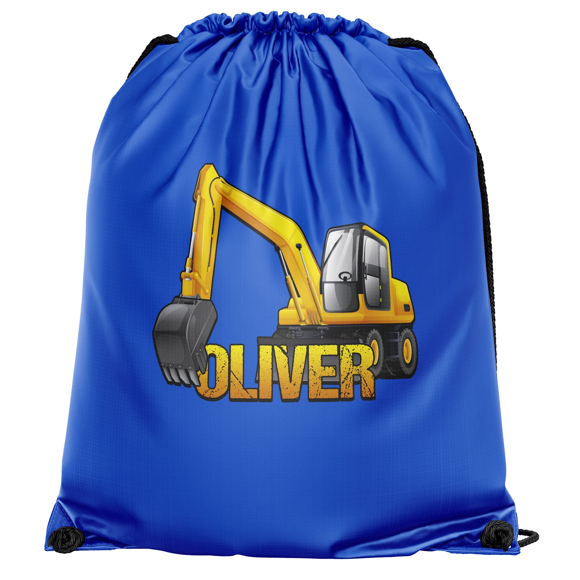 Personalised Yellow Digger Drawstring Bag, Custom Back to School and Nursery Gifts for Boys, Digger Crazy Boys, Essential Kids PE Kit Swimming Bag, One Size, Royal