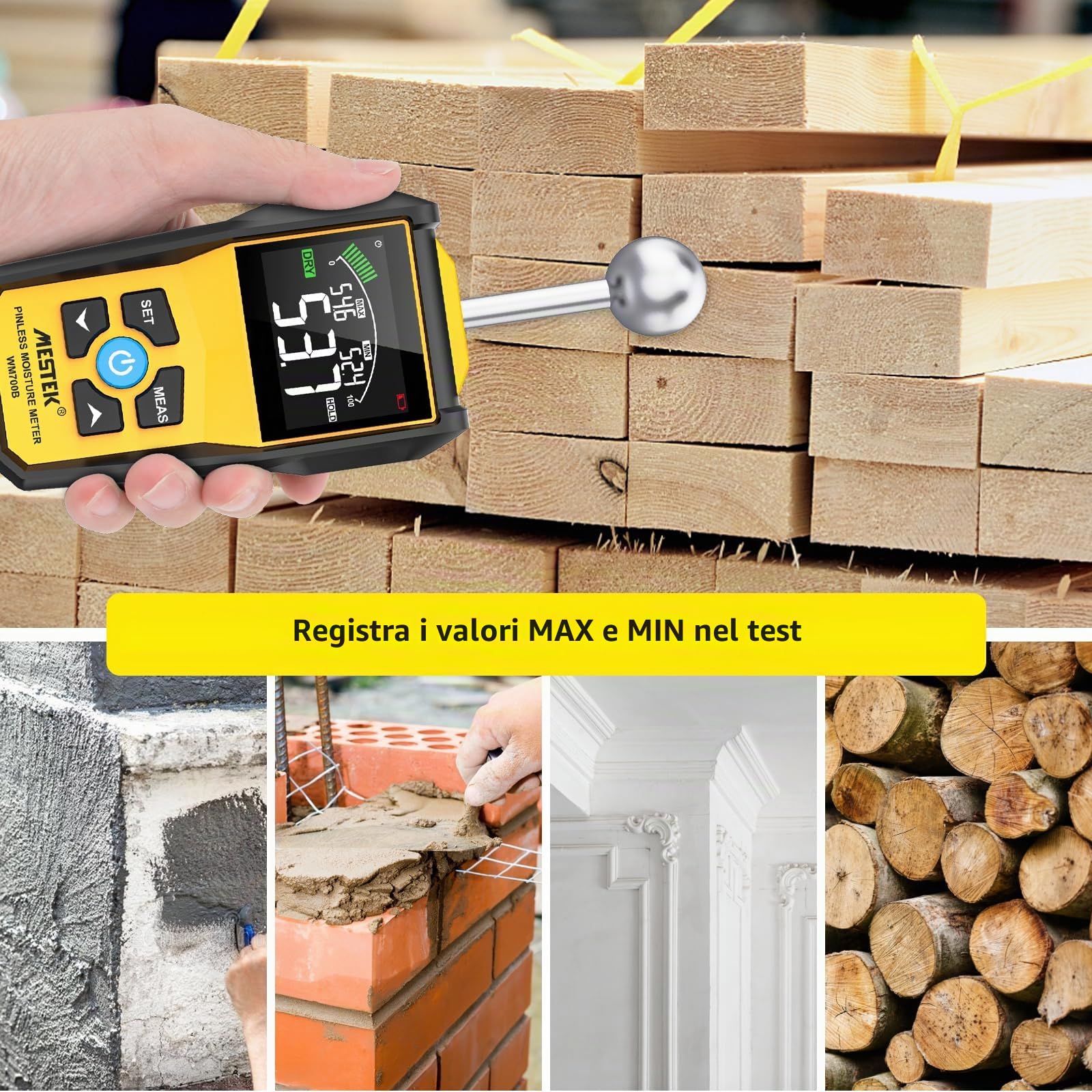 Misuratore di Umidità MESTEK Indicatore di Umidità 20-40mm Rivelatore di Umidità Igrometro Senza Ago Digitale LCD Display Allarme per Legni, Parete, Pavimenti, Legno, Gesso, con Batteria, Giallo
