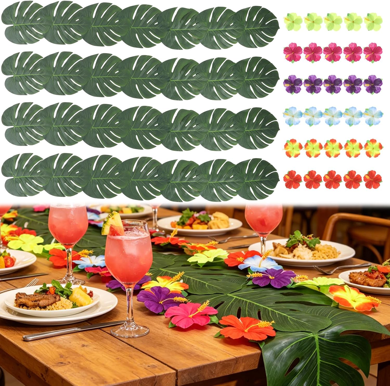 4 Pcs Artificial Palm Leaves Table Runners 70 Inch Faux Palm Leaves Table Cloth with 30 Floral Embellishments Summer Party Decorations for Tropical Hawaiian Luau Jungle Party Wedding