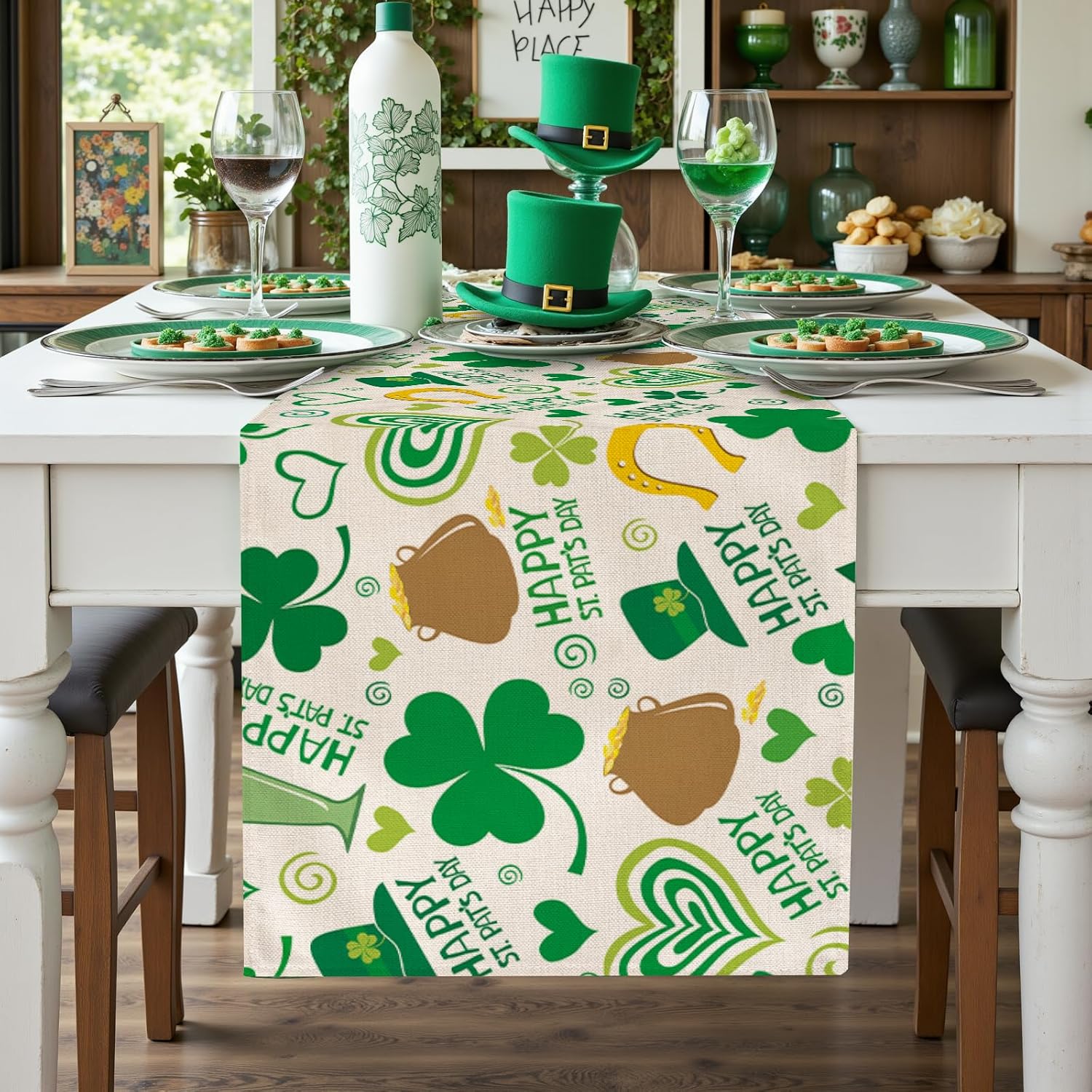 Larponder St Patrick's Day Table Runner, Clovers Horseshoes Pattern Table Cover, Fabric with Wrinkle Resistant, Irish Spring Celebration Table Decor for Indoor Outdoor Home Party Decor ( 13" x 72" )
