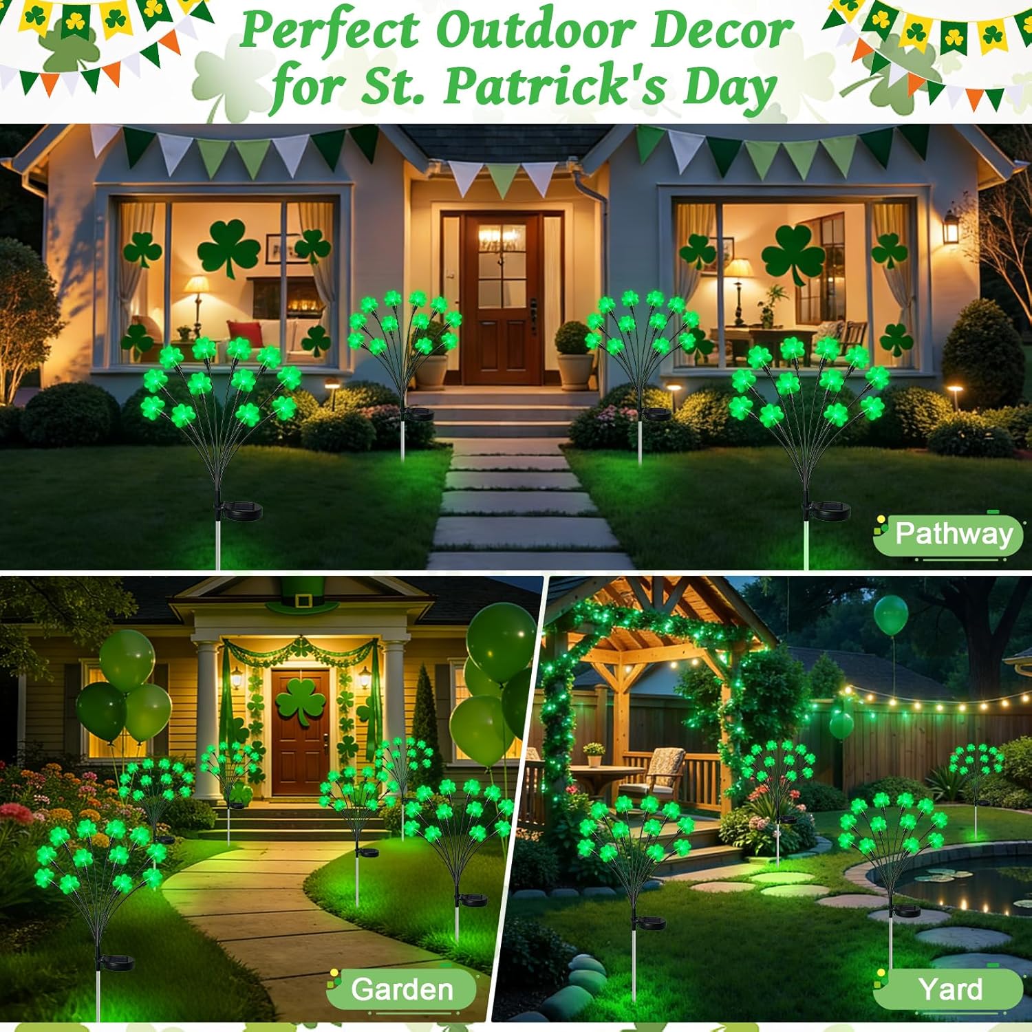HELESIN St Patricks Day Decorations, 4 Pack St Patricks Day Outdoor Solar Lights with 2 Modes, Waterproof Shamrock Lucky Green Solar Stake Tree Lights for Yard Pathway Lawn Decorations