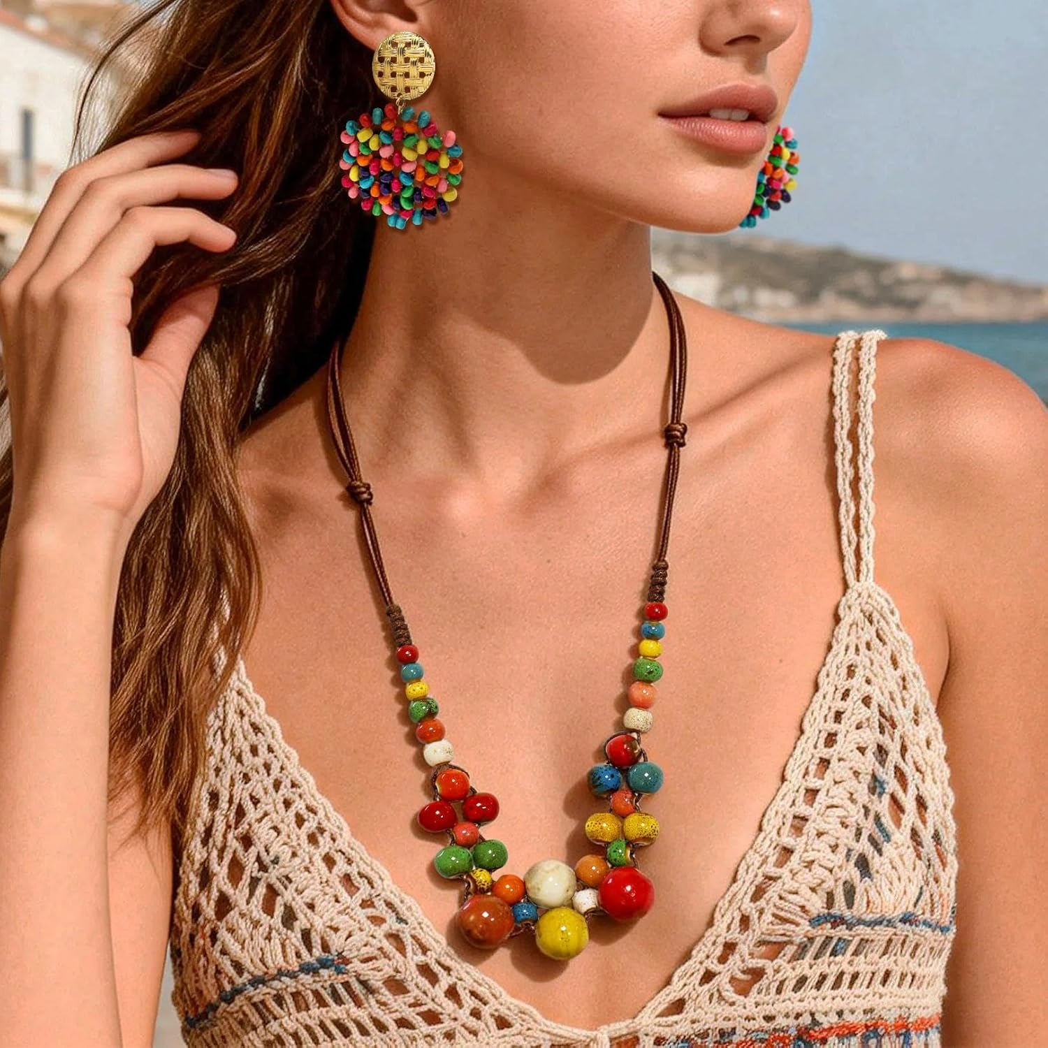 2 Pcs Hippie Boho Colorful Ceramic Beaded Necklace and Earrings Set for Women Adjustable Chunky Round Beads Strand Statement Necklace Colorful Summer Beaded Earrings Bohemian Jewelry Gift - Image 6