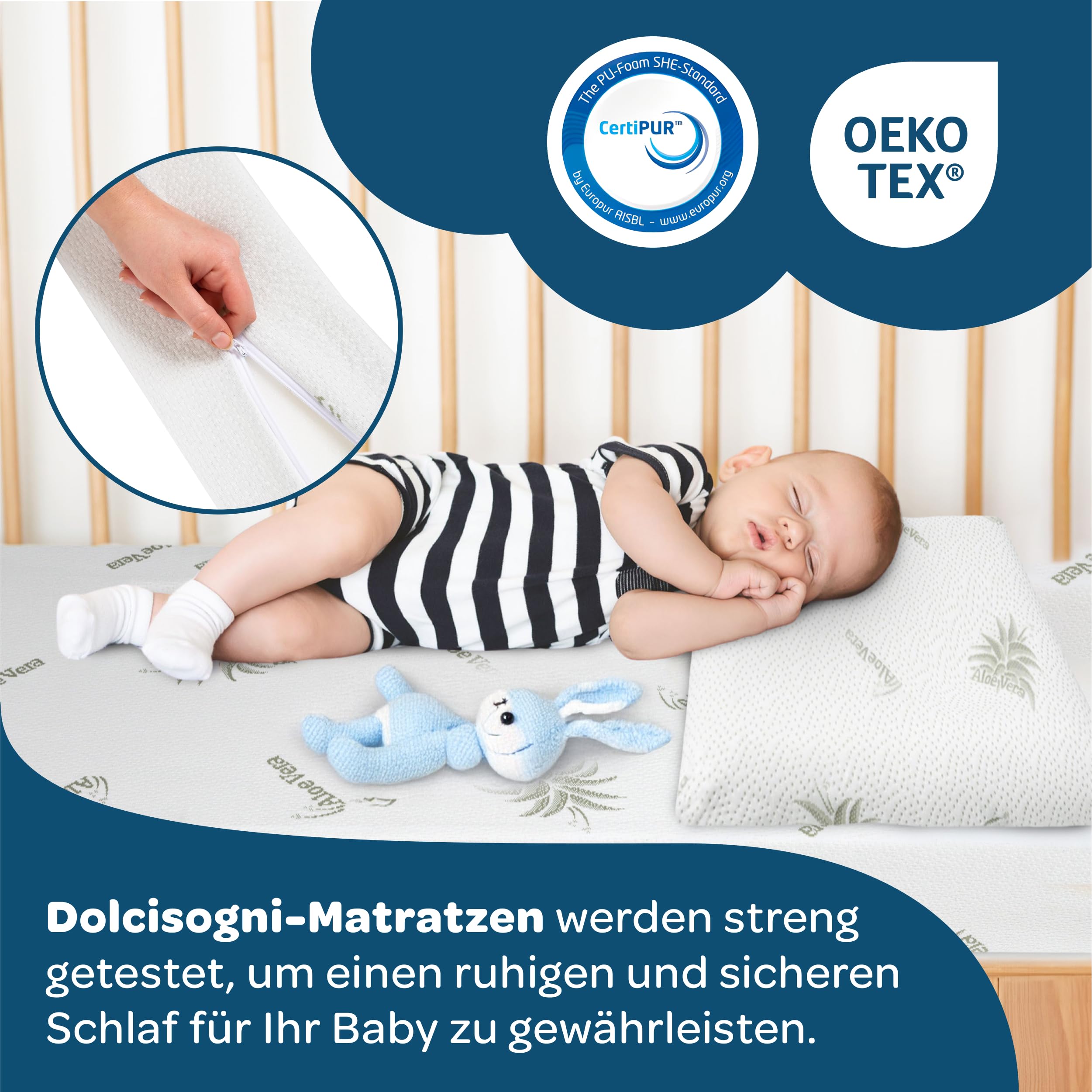 DOLCI SOGNI Matratze 60x120 cm für Babybett und Kinderbett, Atmungsaktive Babymatratze mit Aloe Vera Bezug, Oeko-TEX® & CertiPUR™, 14 cm Höhe