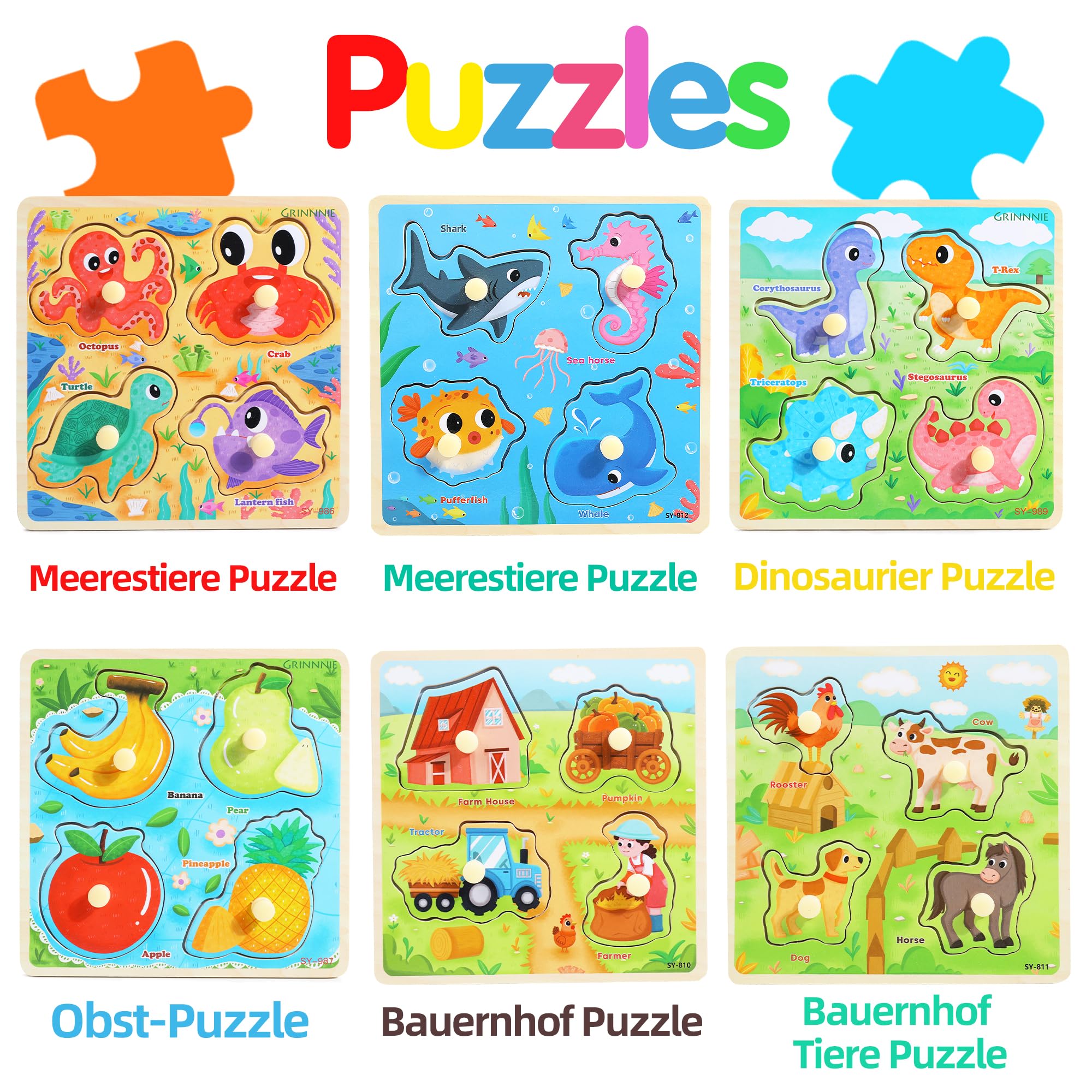Holzpuzzle Kinder Montessori Spielzeug, Holzspielzeug Steckpuzzle Kinderspielzeug ab 3 Jahre, Lernspiele Puzzle - Dinosaurier, Bauernhof, Bauernhof-Tiere, Meerestiere, Obst, Jungen Mädchen Geschenke
