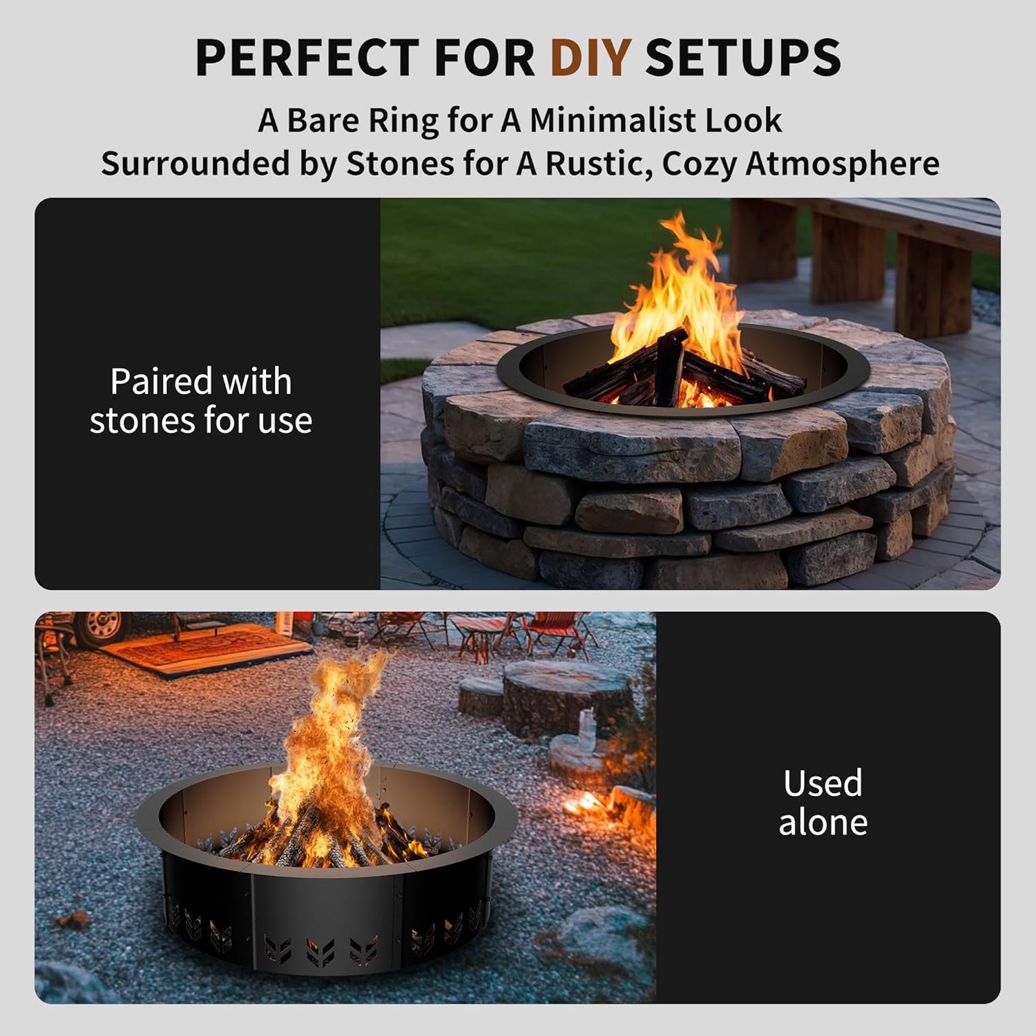 Outdoor Smokeless Fire Pit Ring Insert, Heavy Duty 30 Inch Inner|36 Inch Outer Diameter, Metal Round Fire Ring for Outside Wood Burning, Black