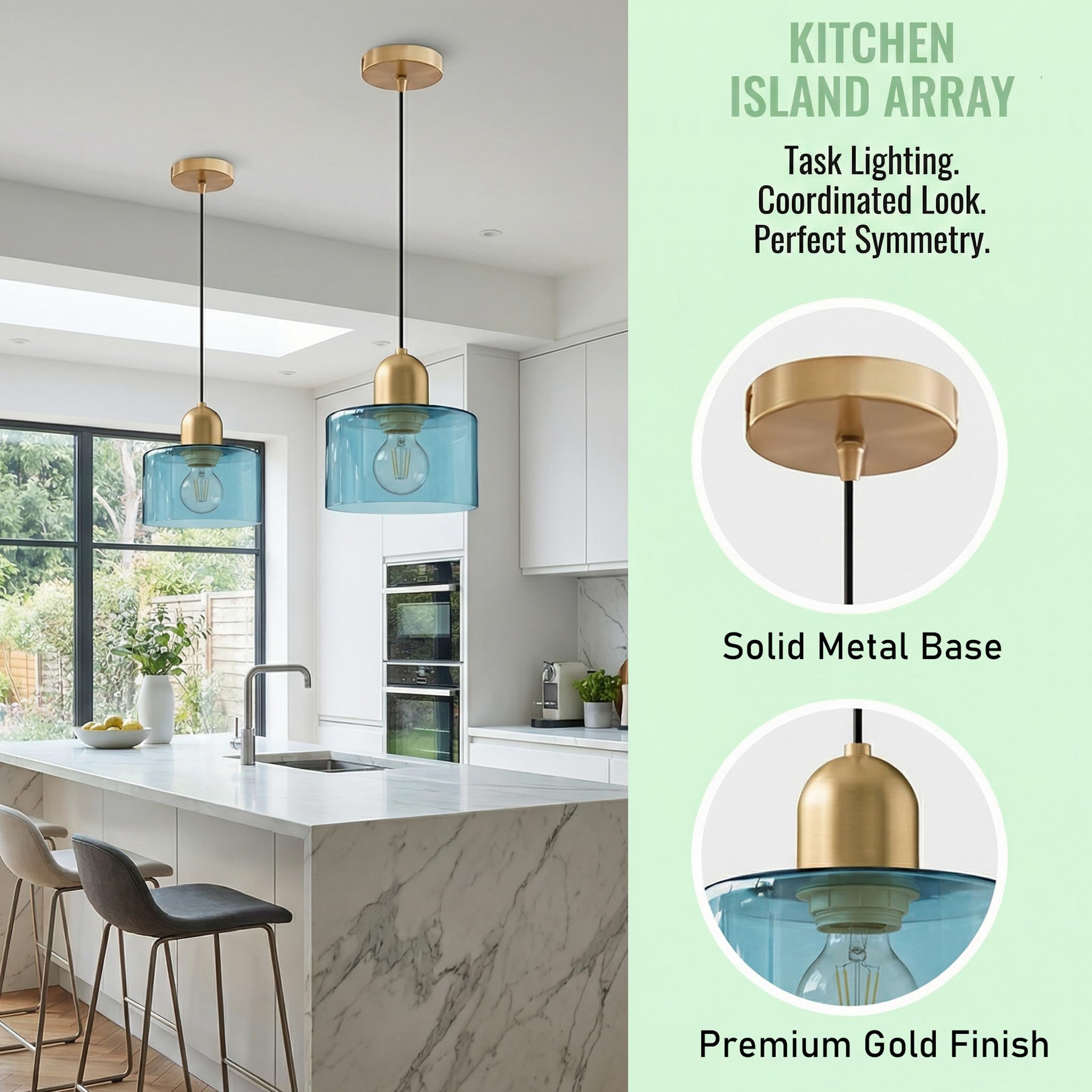 Mini Lampadario in Vetro, Lampada a Sospensione Moderna Retro E27 in Metallo Oro per Sala da Pranzo,Soggiorno,Cucina e Camera da Letto (Blu)
