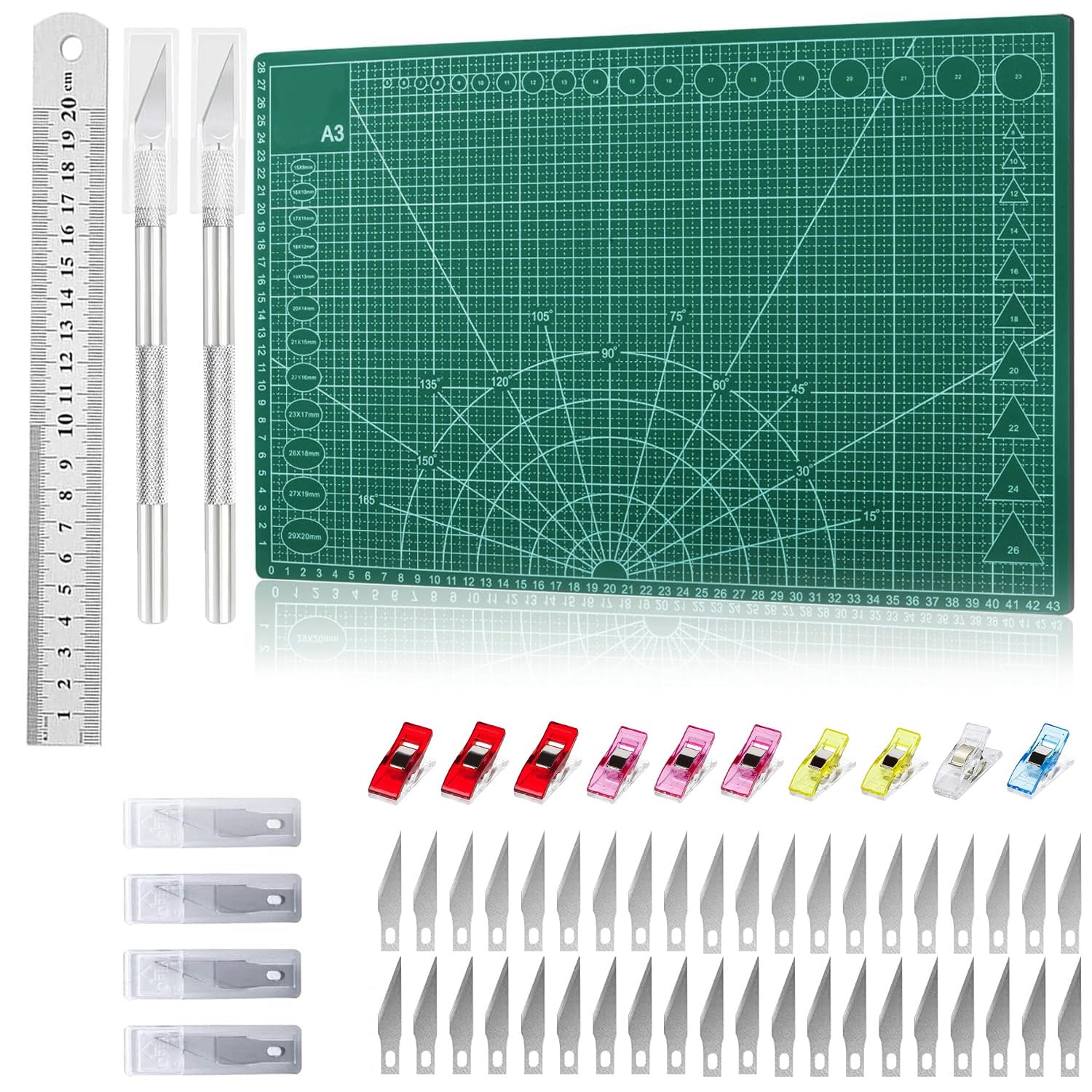 Xmart Tappetino da Taglio A3 Autorigenerante Verde Doppia Faccia Tappetino Modellismo con Righello in Acciaio 42 Lama Ricambio 10 Clip da Cucito 2 Coltello Intaglio Cutting Mat per Artigianato Cucito
