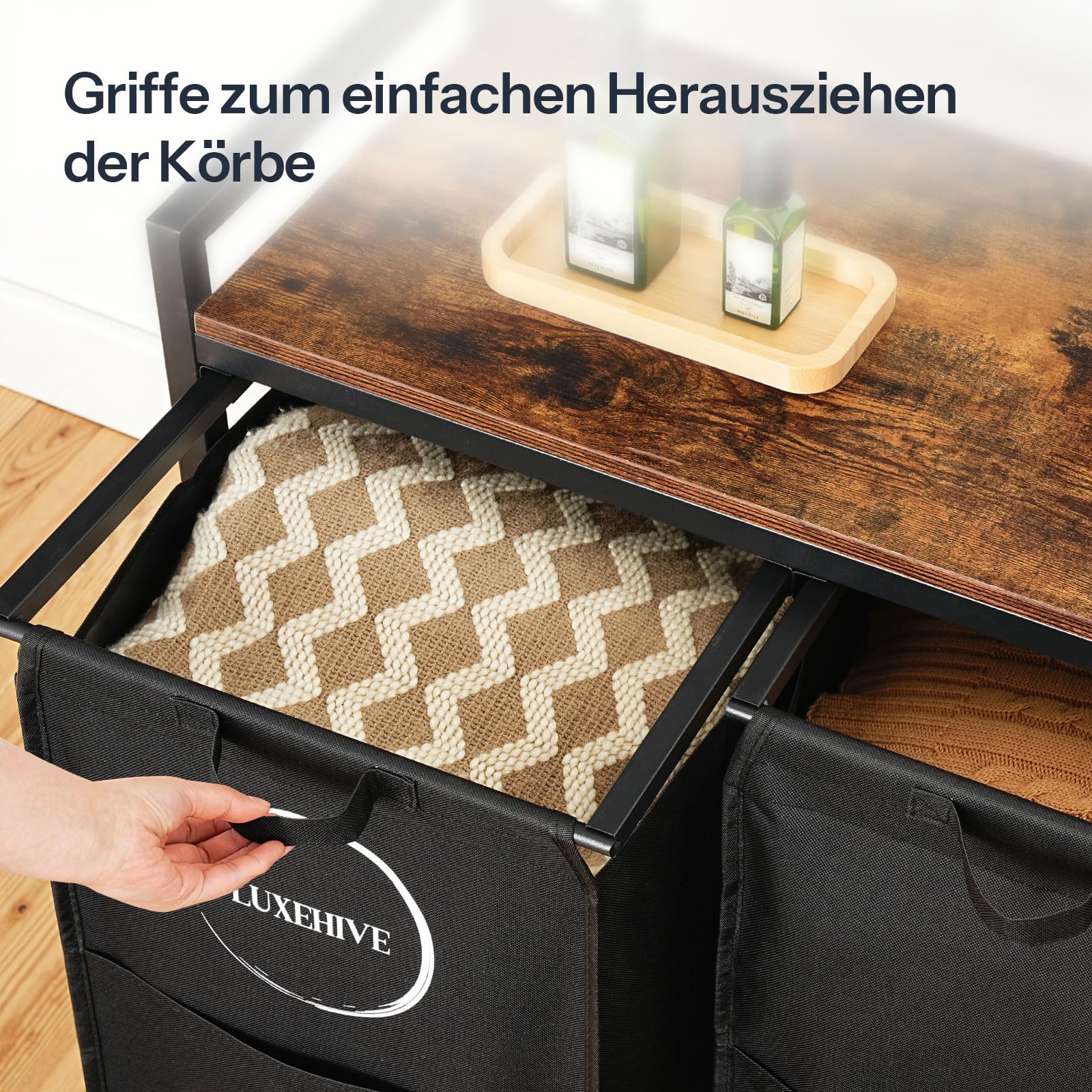 Wäschekorb 2 Fächer mit stabiler Ablage – Wäschesammler 2 Fächer mit 50-L-Wäschesäcken aus Oxford-Gewebe – Wäschekorb schwarz - Wäschebox mit Deckel für perfekte Ordnung