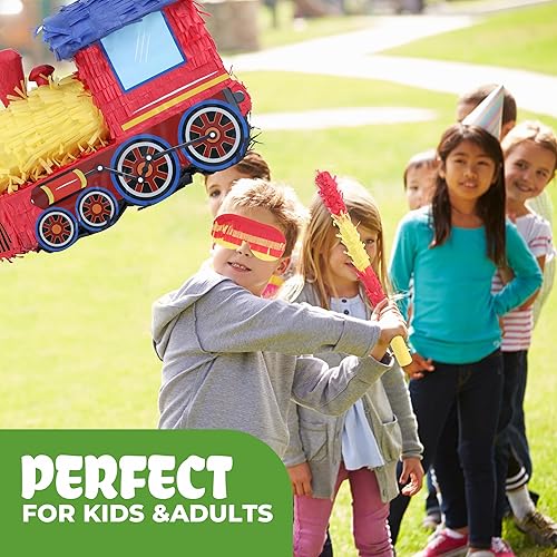 Miniatura 6 de Paquete de piñata de tren 3D con una venda y murciélago (16 x 10.6 x 6.7 pulgadas), piñata de tren para suministros de fiesta de cumpleaños de