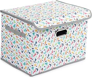 Rectangle Collapsible Storage Box Container Bins with Lids Covers Fabric Storage Hamper Organizers Cube and Metal Handles. (Pack of 1, Dinosaur Print)