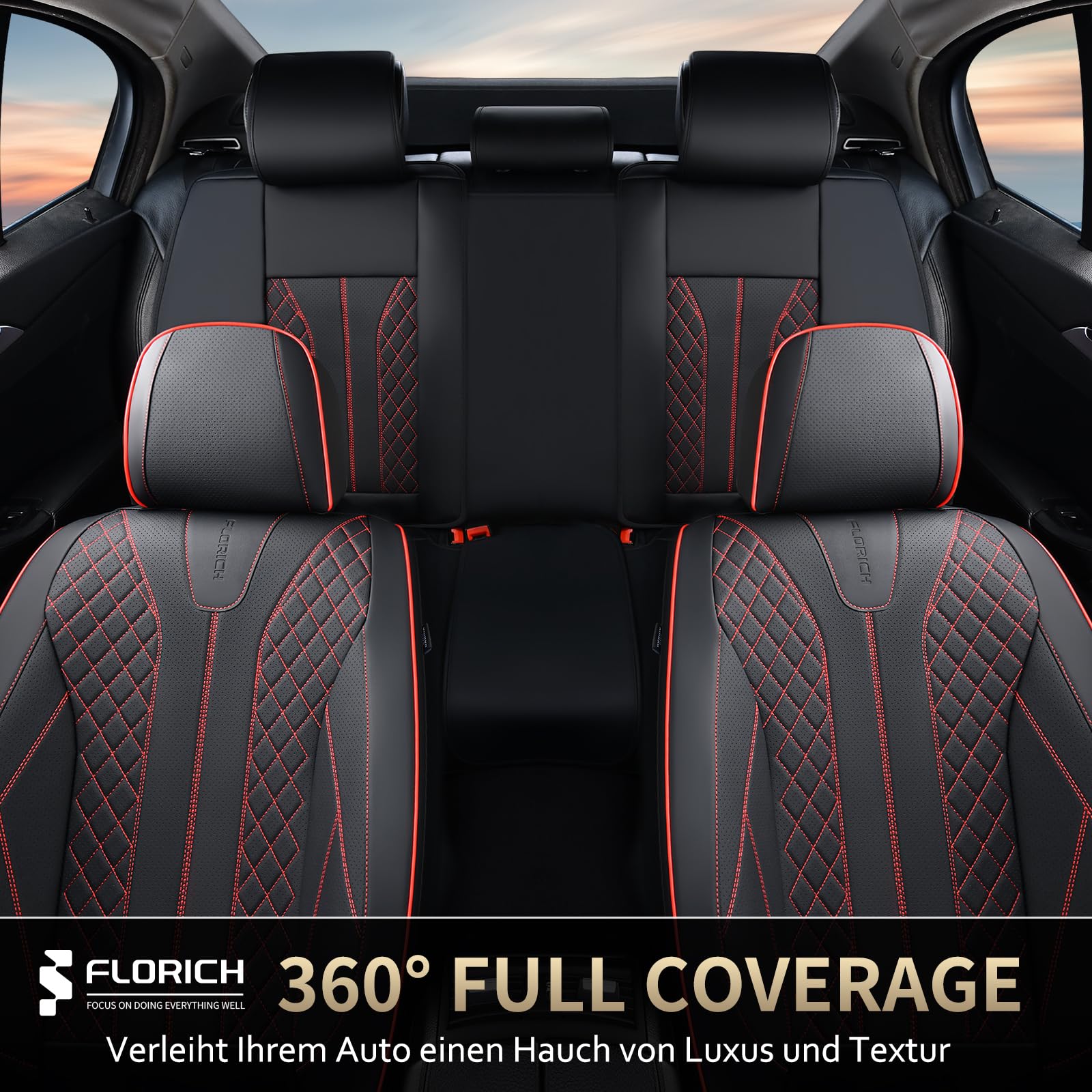 FLORICH Coprisedili Universali Coprisedili Coprisedili in Pelle Impermeabili Adatti alla Maggior Parte Delle Autovetture, SUV (Completo, Nero&Rosso Linea)