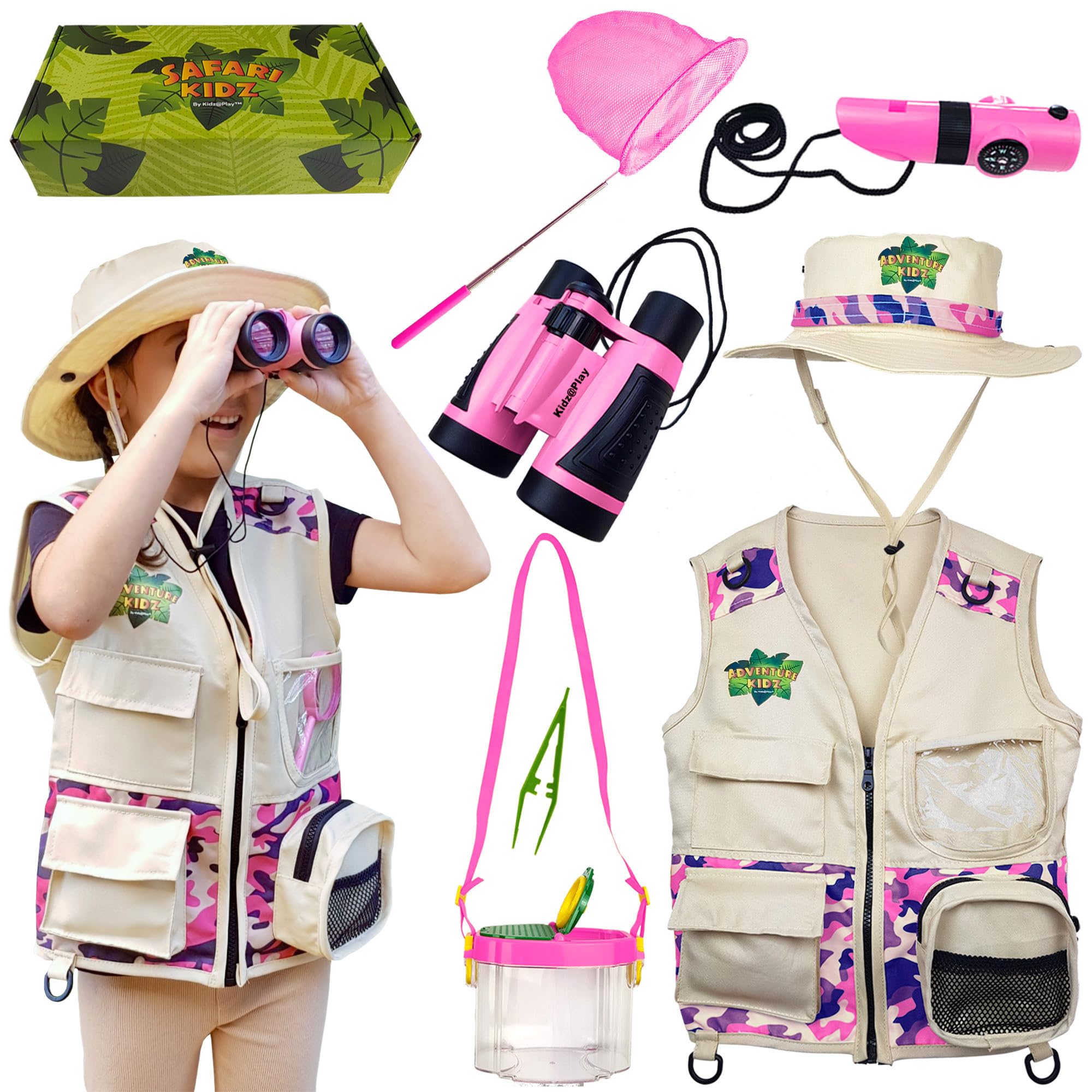 Safari Kidz Outdoor Adventure Set. Hunting, Park Ranger Costume with Vest, Hat, Binoculars, Bug Net, Bug Container, Whistle, Torch, Magnifying Glass, Thermostat, Compass, Tweezers