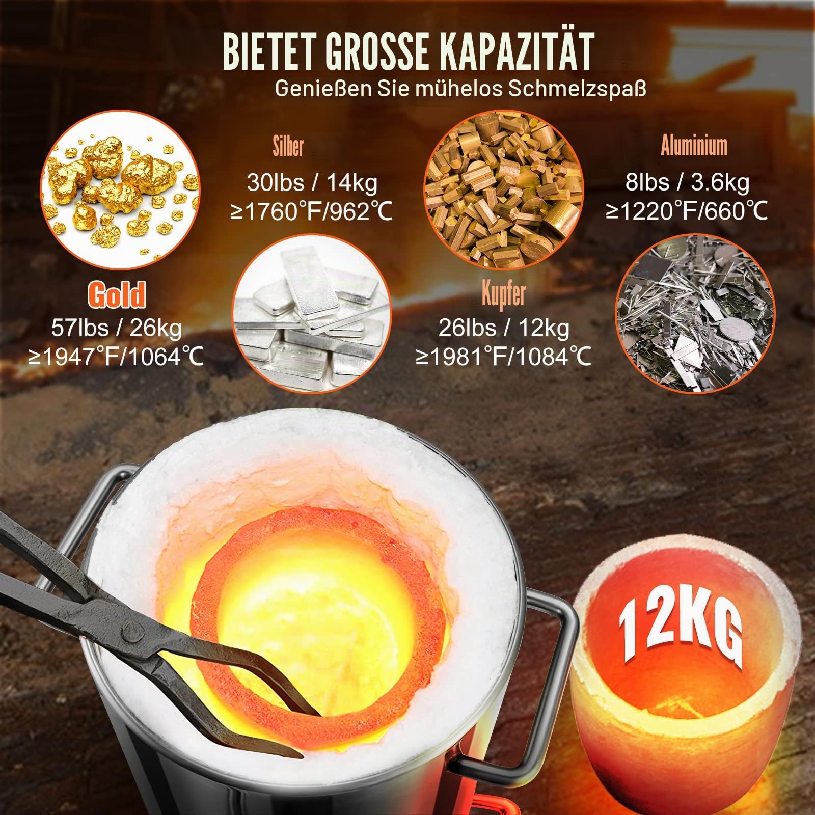 VEVOR Schmelzofen-Propan-Schmiede, 12 kg große Kapazität, Gießerei, Schmiede mit Tiegel und Zange, Edelstahlschmelze, für Metallschrott-Recycling, Gold, Kupfer, Silberguss