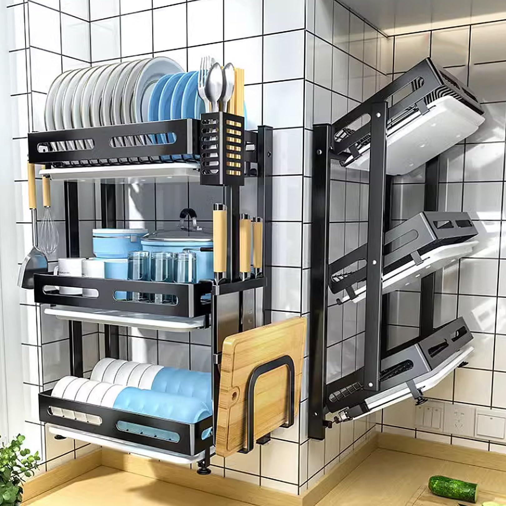 Escurreplatos de Pared, escurridor Grande para organizar la encimera de la Cocina, escurridor de Acero Inoxidable de 3 Niveles para sobre el Fregadero.
