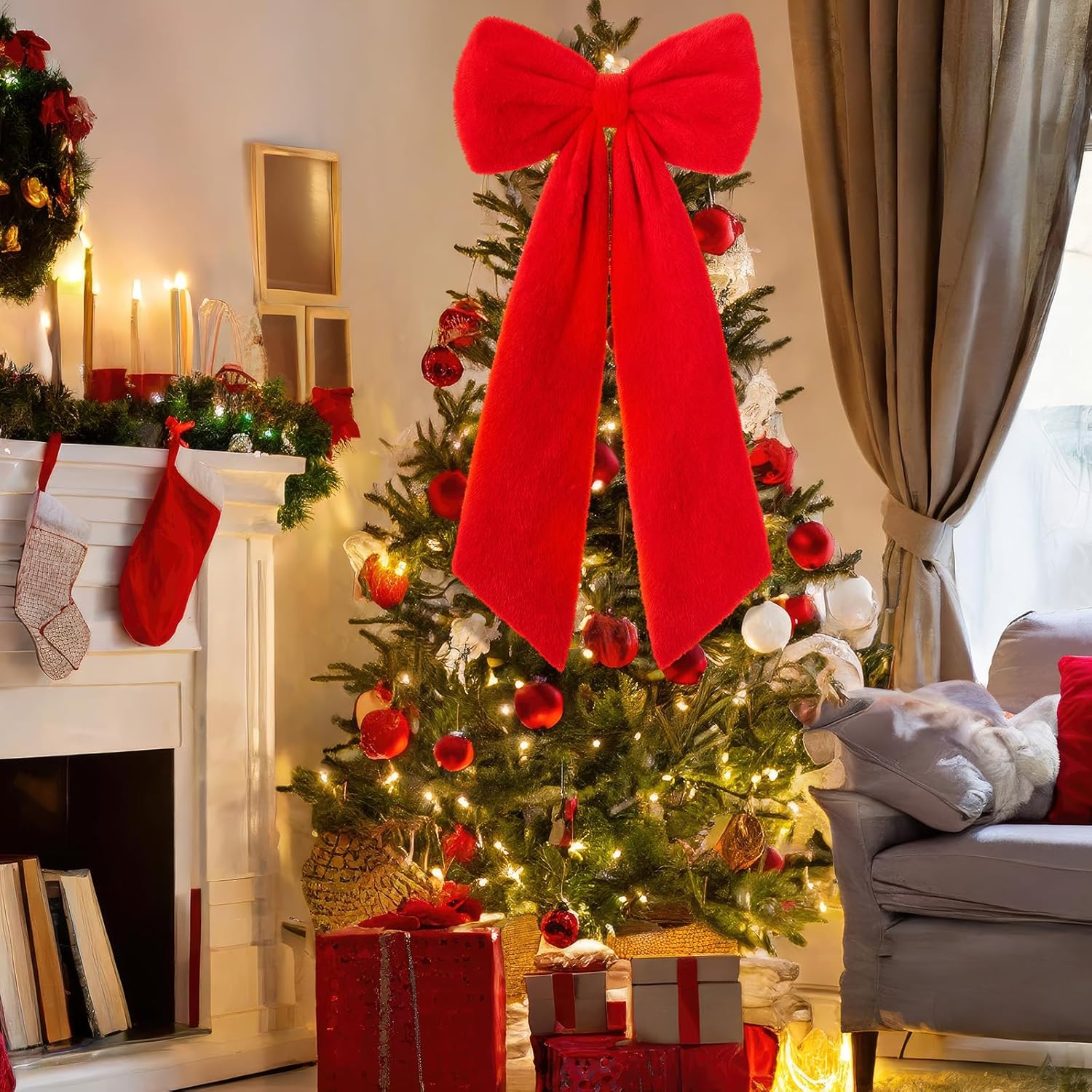 HunnmingRe 20 x 47 Inches Extra Large Christmas Velvet Bow Giant Red Christmas Tree Topper Bow Decoration Huge Xmas Decorative for Home Wreath Wall Birthday Backdrop Wedding Holiday Party Decor