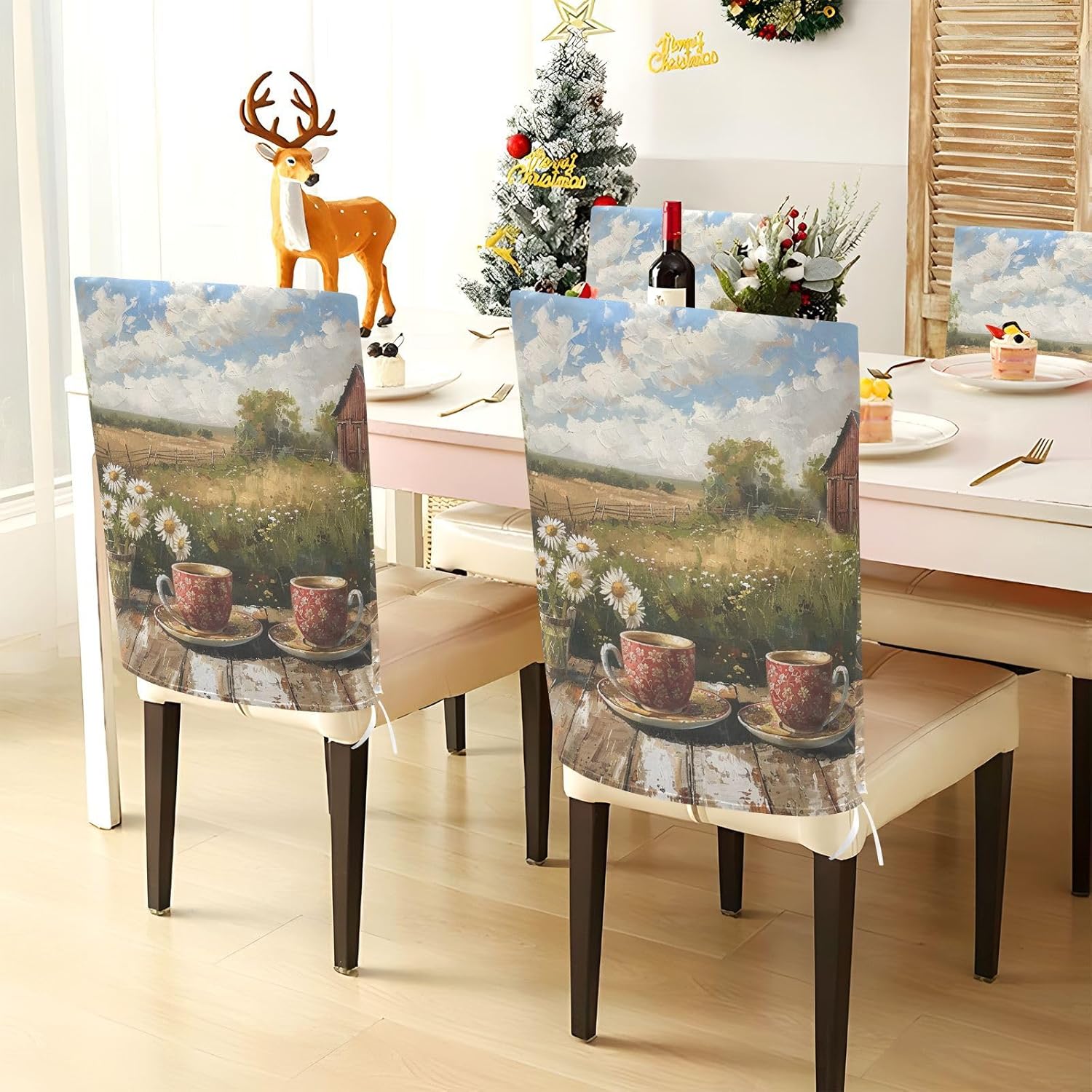 ALAZA Coffee Cups and Daisy Flowers at Farm Chair Back Cover Set of 6, Washable Reusable Removable Chair Slipcovers Decorative Chair Cover for Home Kitchen Wedding Party
