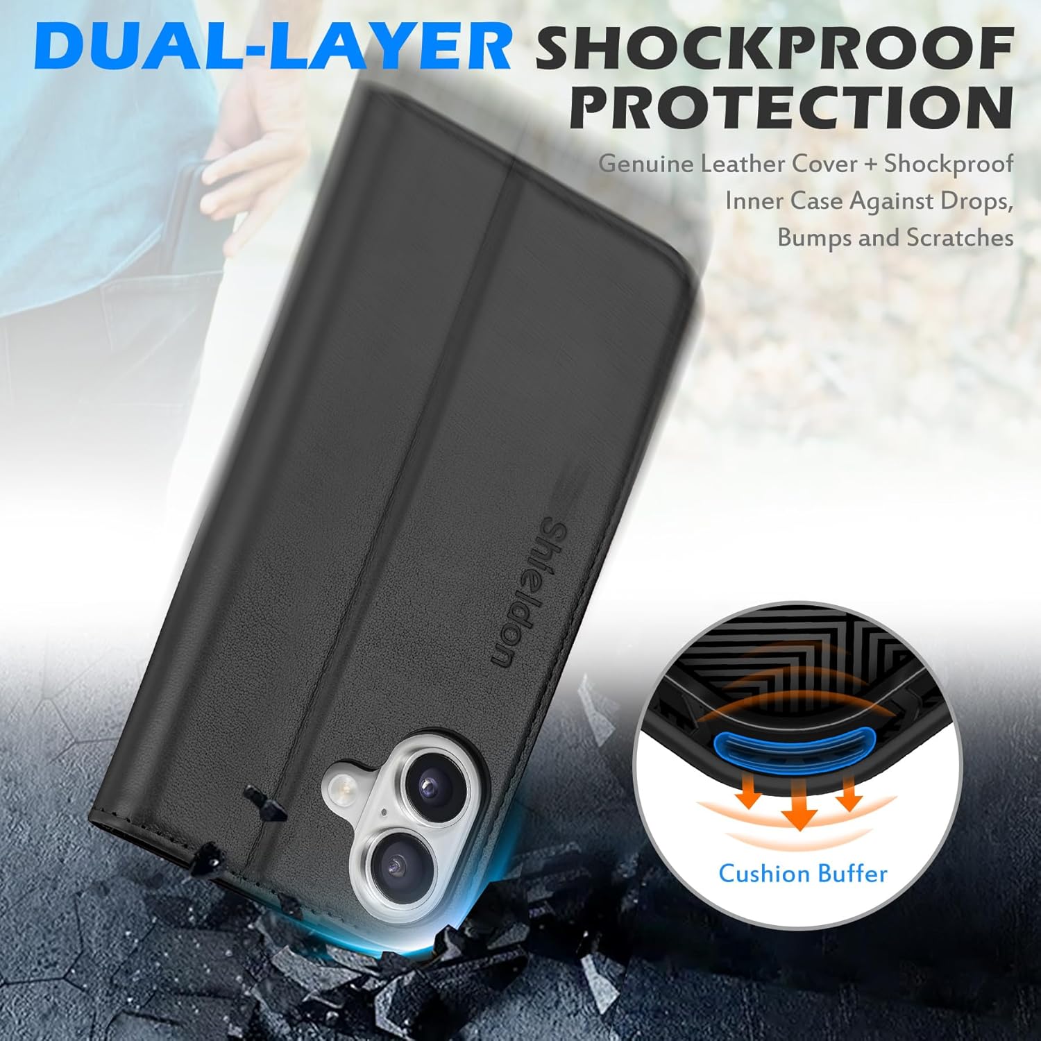 SHIELDON Wallet Case for iPhone 16 5G 2024, Genuine Leather RFID Blocking Credit Card Holder Folio Magnetic Kickstand Shock-Absorbent Protective Phone Case Compatible with iPhone 16 6.1" - Black - Image 6