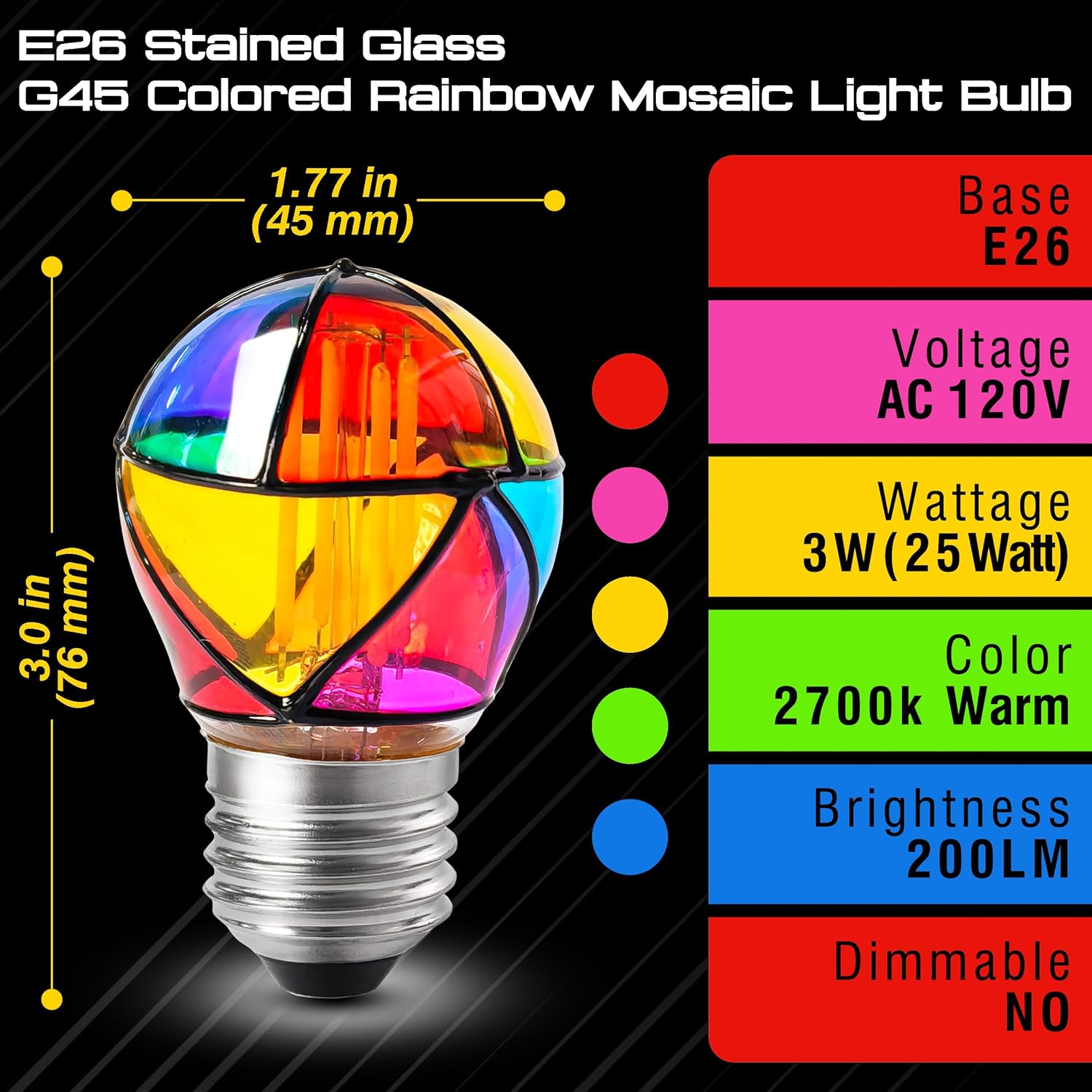 Stained Glass LED Light Bulb, G45 3W Colored Rainbow Mosaic Light Bulb 25W Equivalent, Colorful Night Light for Ambient Home Party, Recreation Room, Balcony, Christmas Decoration, Non-Dimmable, 2 Pack