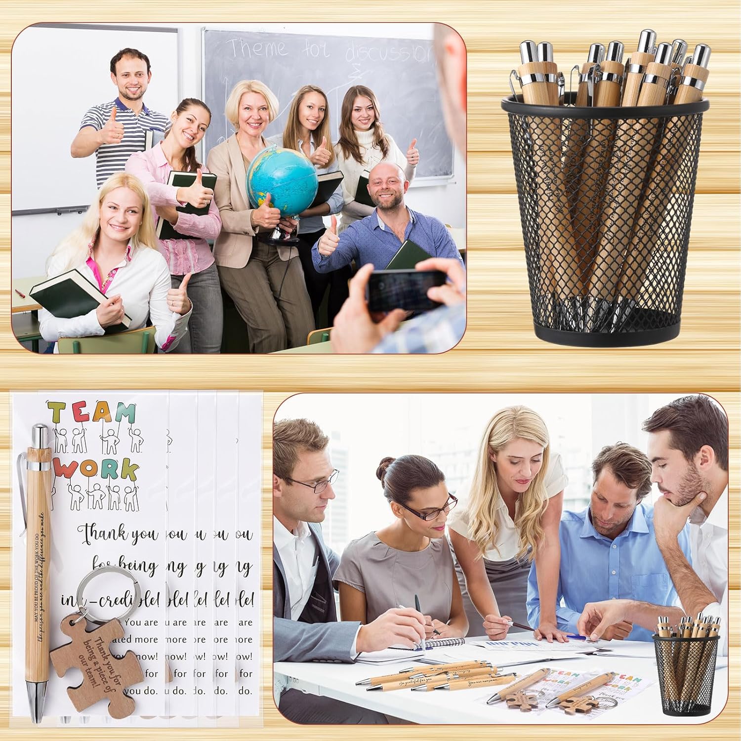 Kosiz 40 Sets Employee Appreciation Gift Bulk 10 styles Inspirational Bamboo Ballpoint Pen with Wooden Puzzle Keychains Thank You Cards team building gifts for Team Coworker Teacher Nurse