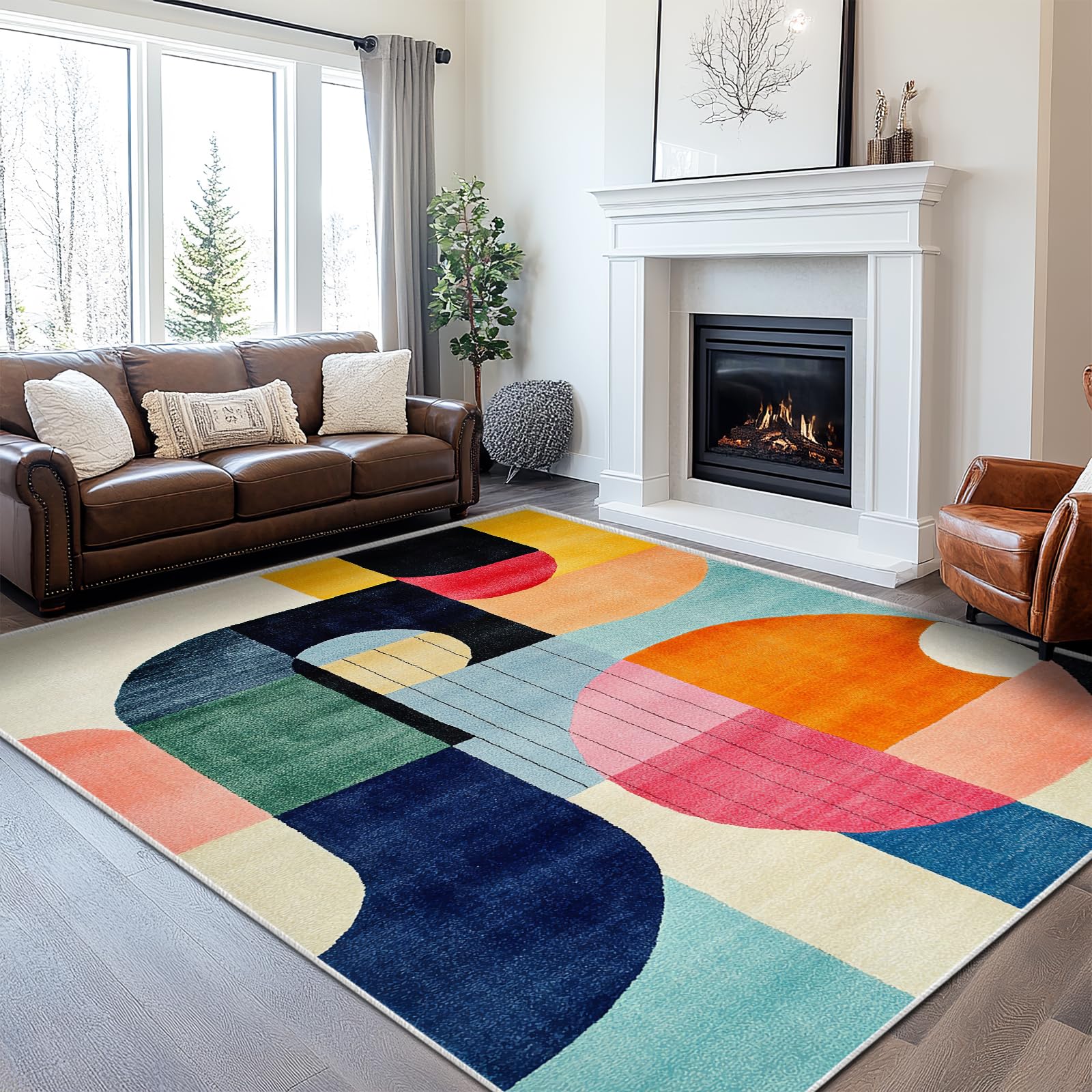 6x9 Colorful Area Rug Modern Abstract Orange Yellow Pink Blue White Beige Black Bedroom Rug Low Pile Thin Large Carpet Living Room Non Slip Dining