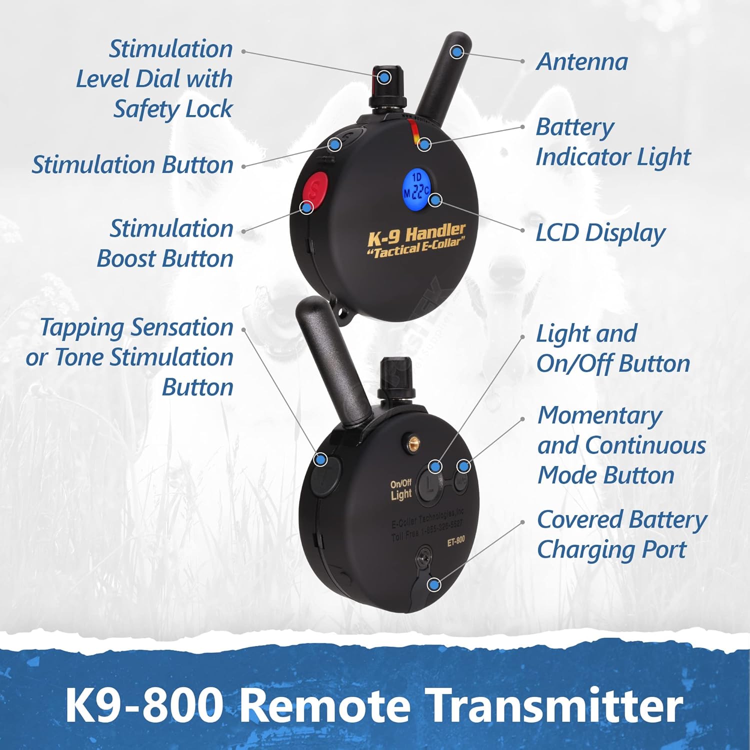 Educator K9-800 Tactical E Collar for Dog Training with Remote - 3/4 Mile Range, Waterproof, 100 Stimulation Levels, Tone or Vibration Mode, Night Light for Small, Medium & Large Dogs (37 inc)