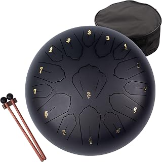 Steel Tongue Drum 15 Notes 12 Inches C-Major with Music Book & Carry Bag, Professional Tongue Drum Instrument for Meditation, Yoga Studios (Black)