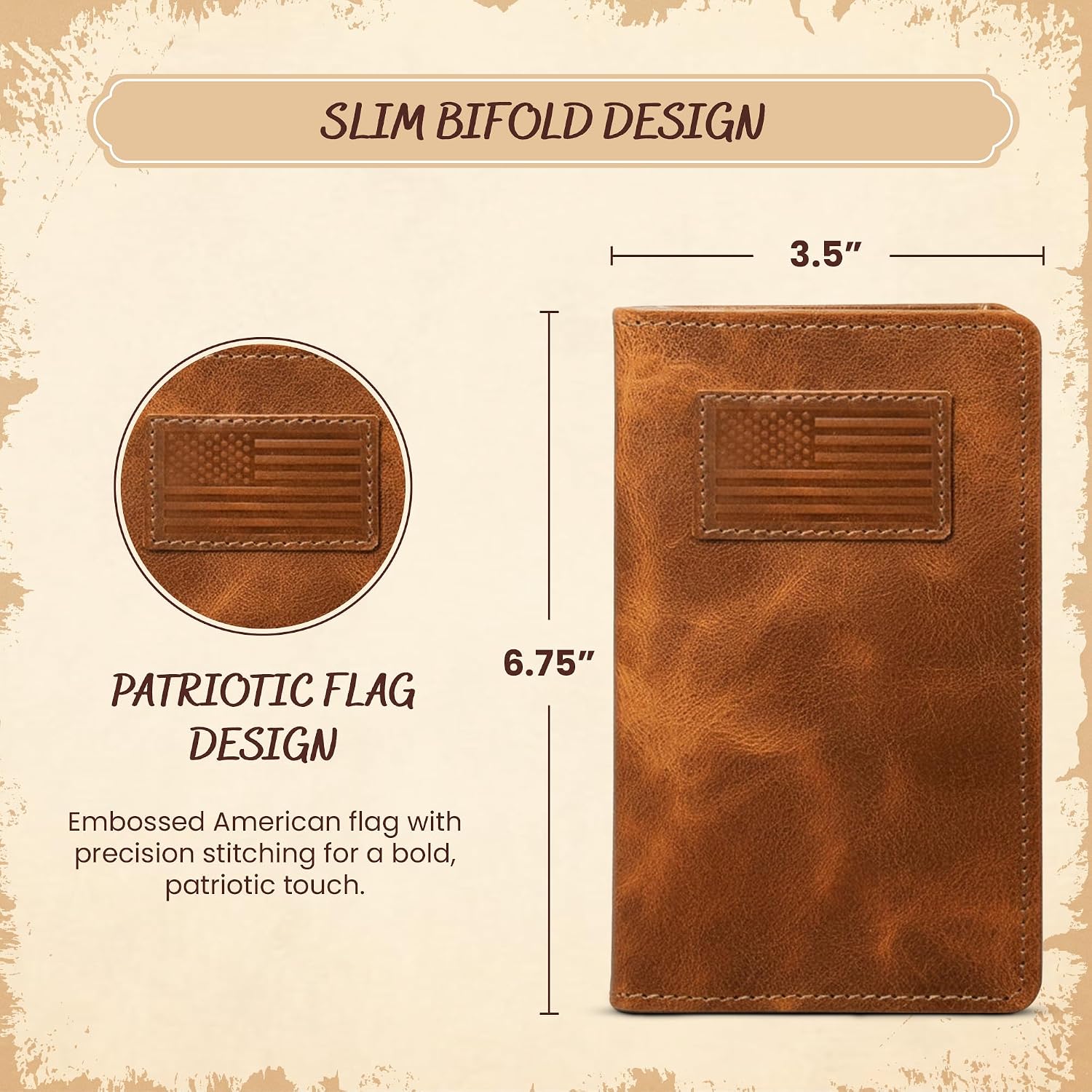 Full-Grain Leather Classic Long Bifold Wallet - Sleek Handcrafted Vertical Wallet - Compact Minimalist Men's Bifold Wallets w/ Multiple Card Slots, 2 Long Side Pockets, and Sleeve (American Flag)