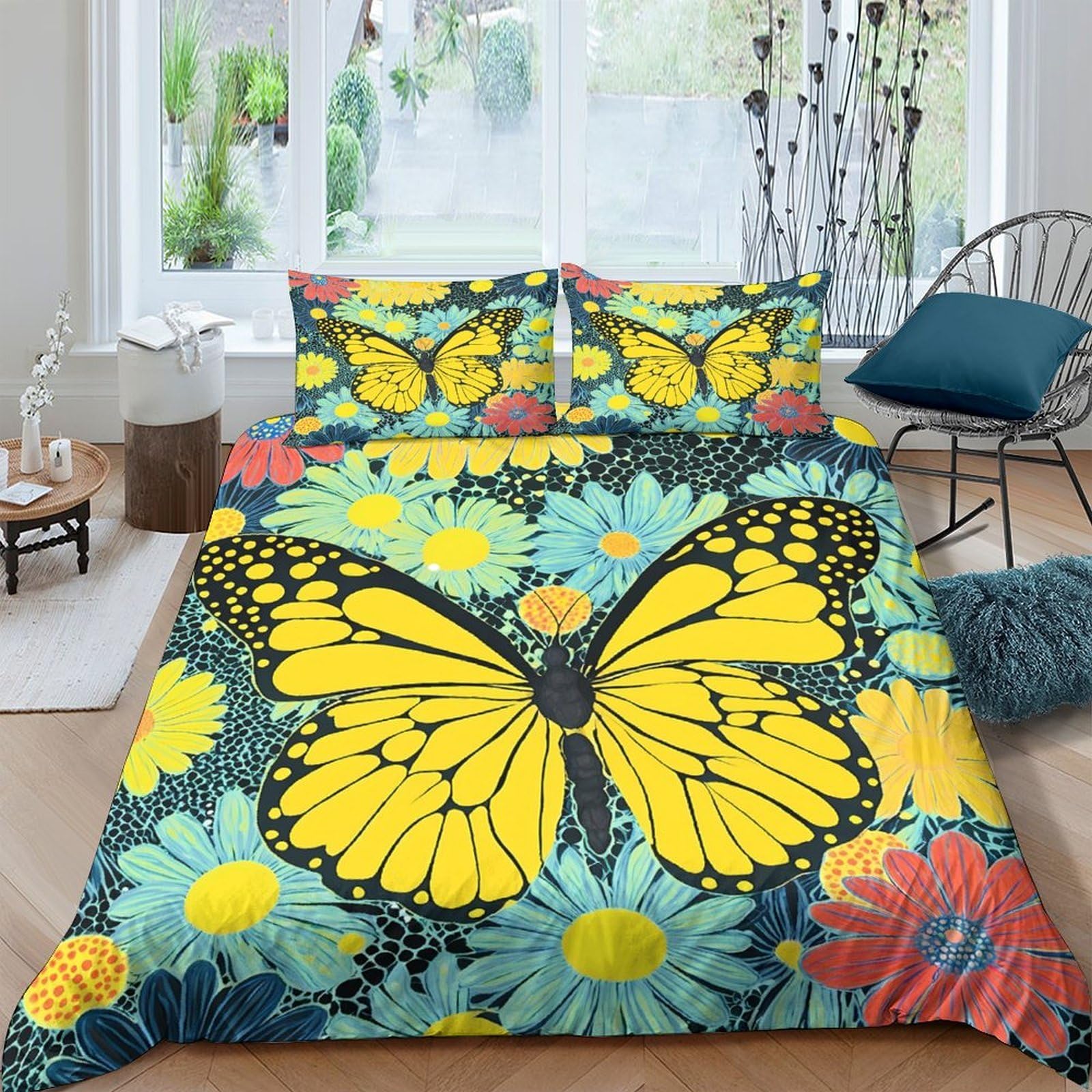 P5V6M1Q9 3D Printed Yellow Butterfly Floral Duvet Cover Microfiber Soft Breathable Bedding Set with 2 Pillowcases for Bedroom Decor Single（135x200cm）