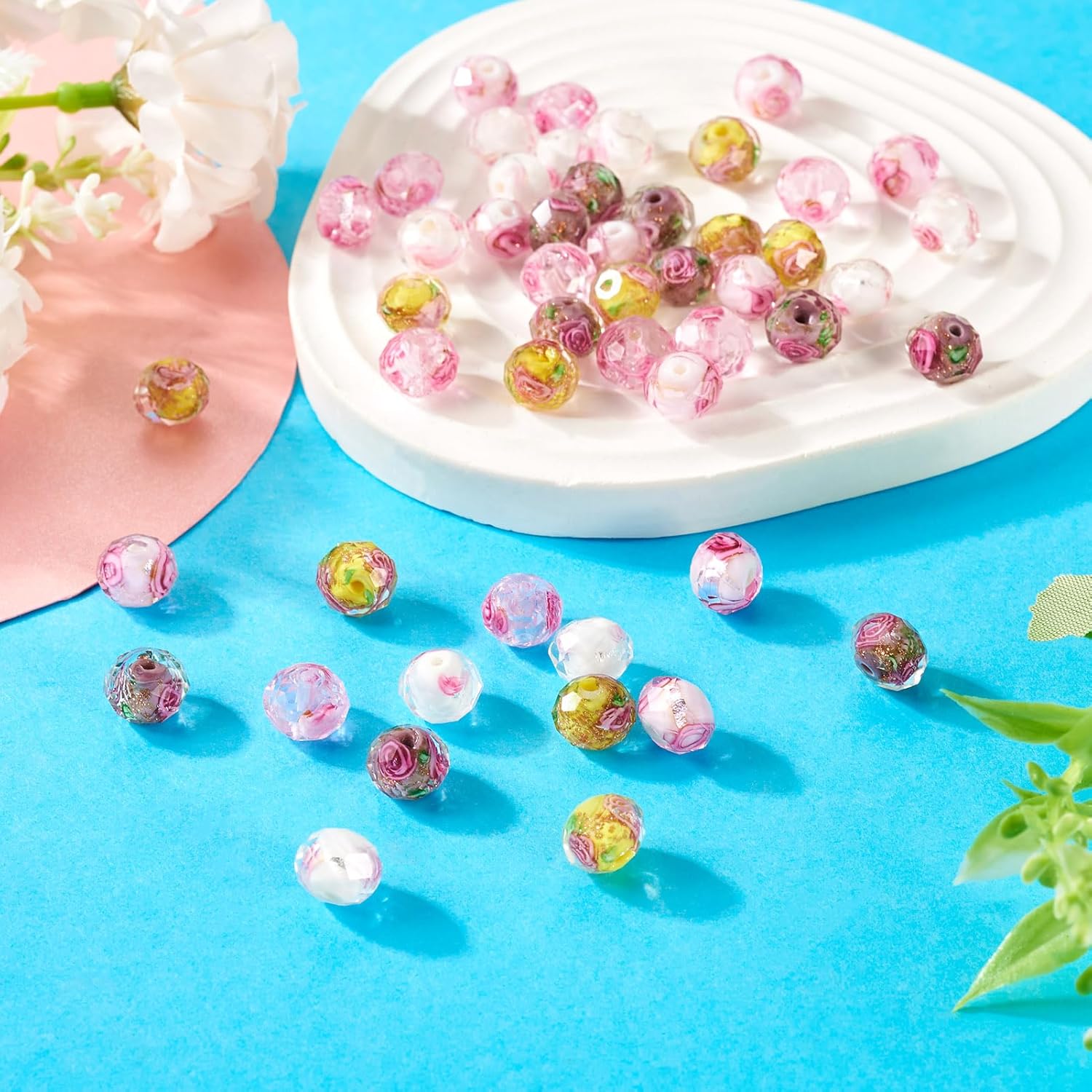 50Pcs 10mm Rose Flower Gold Sand Lampwork Beads Colorful Handmade Flower Inner Faceted Rondelle Beads Floral Glass European Craft Bead for DIY Earring Bracelet Jewelry Making - Image 5