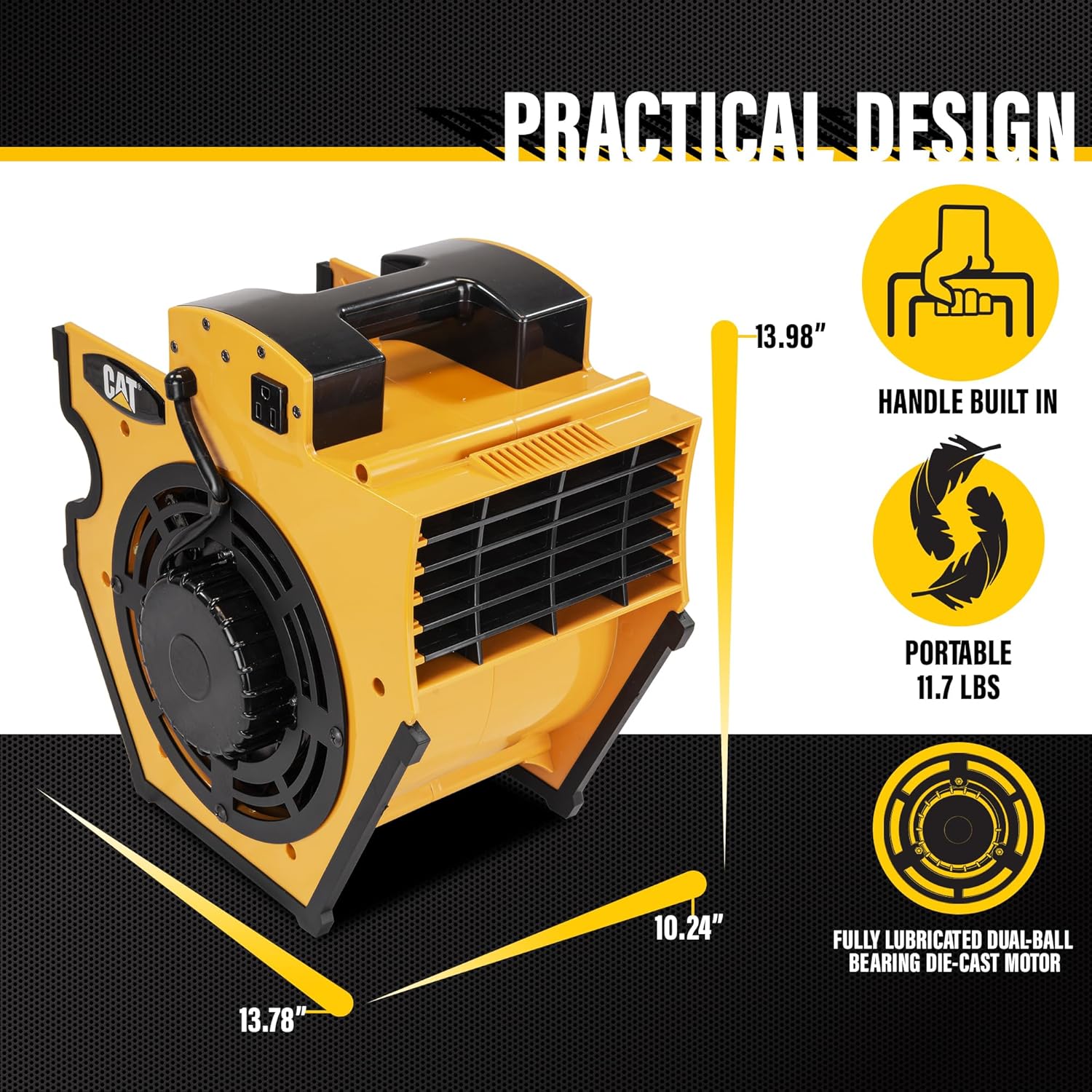 Caterpillar® Fan (B-1200) High Velocity 1200 CFM, Multi Pivoting Cooling, Ventilating, Drying Fan W/ 2 Grounded AC Outlets, Adjustable 4 Speed Enclosed Dual Ball Bearing Motor, & GFCI Plug