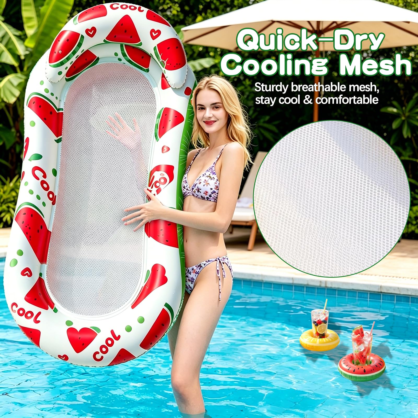 Pool Floats Adult, Inflatable Mesh Pool Float with Headrest and 2 Drink Holder, Tanning Pool Lounger Float with Pillow - Image 4