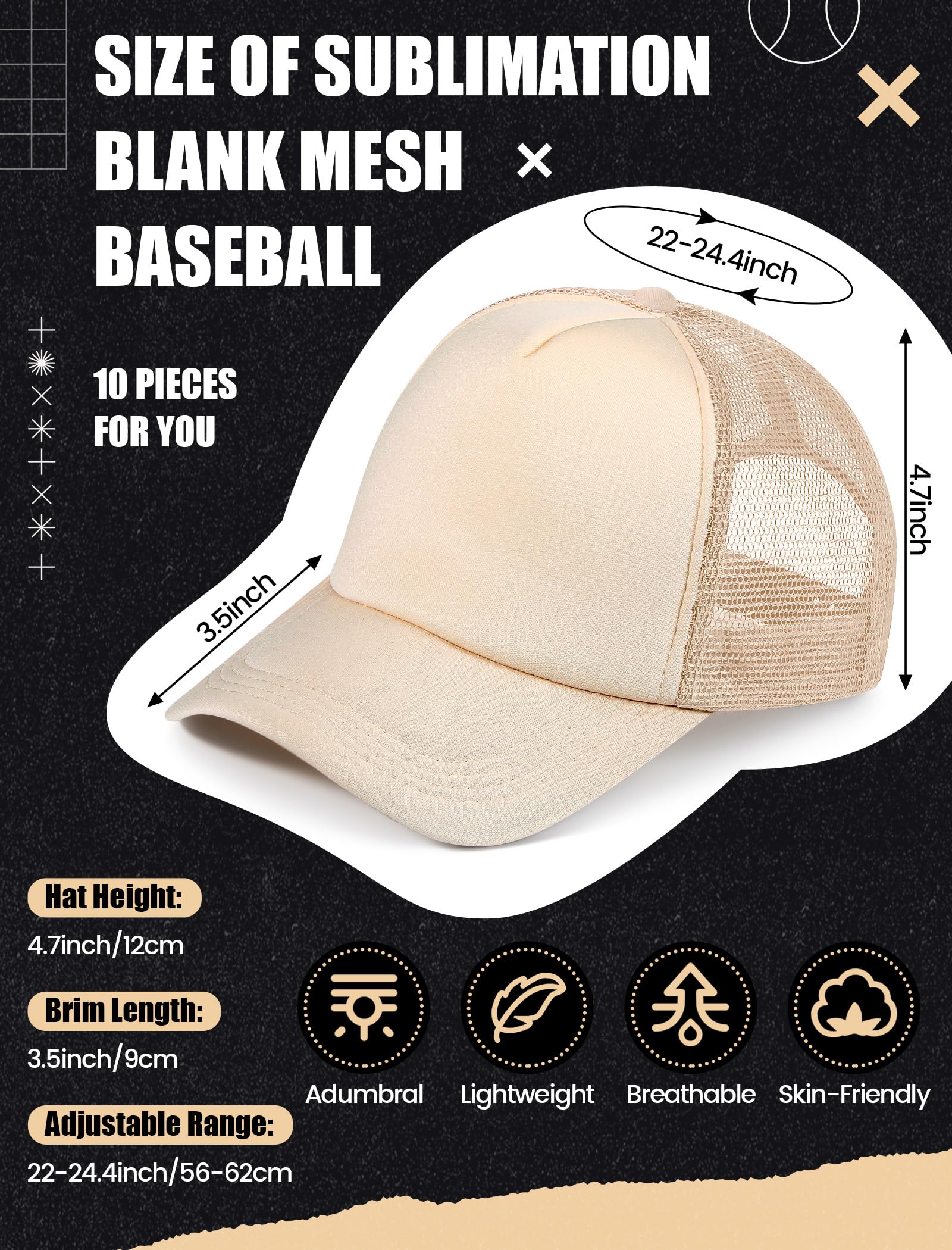 Tarpop 10 Pcs Sublimation Blank Trucker Hats Bulk Mesh Baseball Cap Polyester Mesh Trucker Hat for Men and Women(Tan)