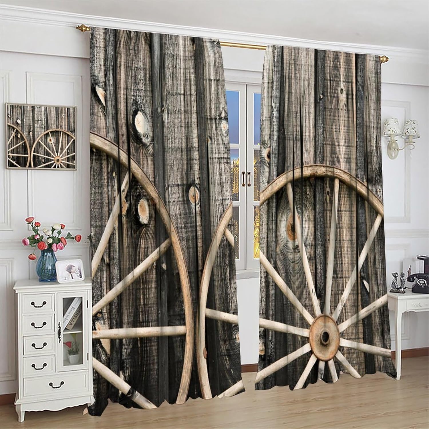 Barn Wood Wagon Wheel Curtains Rustic Wooden Barn Door and Vintage Rusty WheelWindow Drapes Rod Pocket Curtains Darkening Thermal Insulated for Living Room 72x63in
