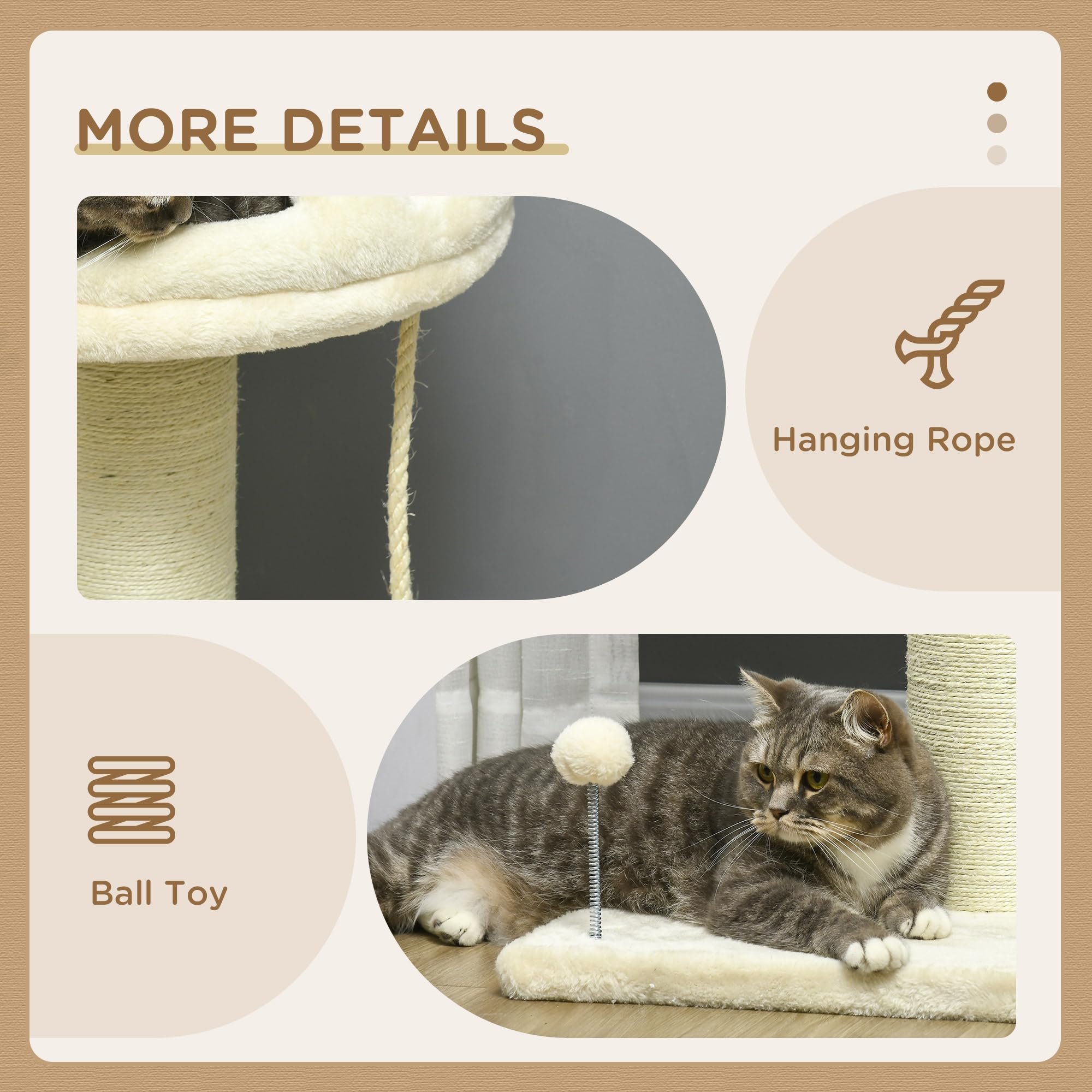 PawHut Árbol para Gatos de 83 cm, Torre para Gatos de Interior con Postes rascadores de sisal, Cama ampliada para Gatitos, Pelota y Juguete de Cuerda, Color Crema