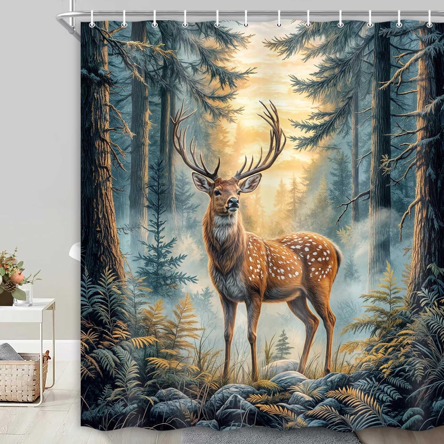 Rustic Forest Deer Shower Curtain Brown Woodland Hunting Camping Cabin Farmhouse Animal Lake Wildlife Nature Scenery Polyester Fabric Bath Curtain Set with Hooks 71X84 in