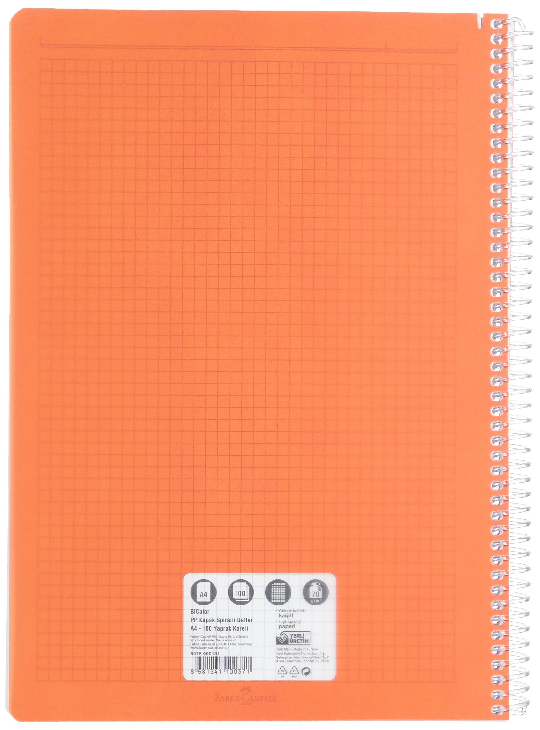 Faber-Castell A4 - 100 hojas de papel cuadrado de 70 g, 500 micras, cubierta de polipropileno PET encuadernado en espiral duradero, colores respetuosos con el medio ambiente