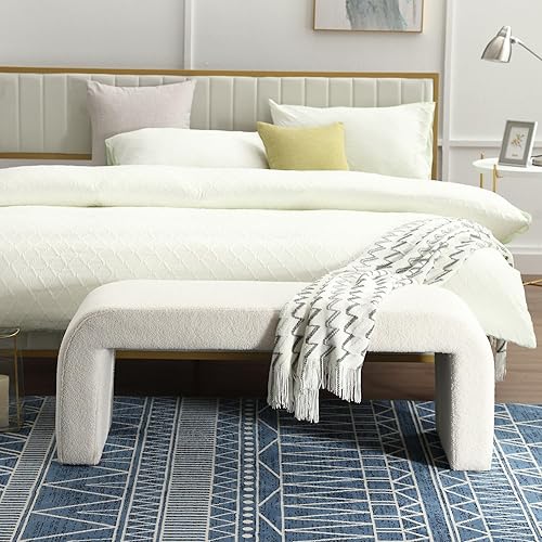 Miniatura 7 de Banco de piel sintética de 49.5 pulgadas, cómodo banco tapizado de tela de peluche, banco otomano para dormitorio, sala de estar, entrada, color