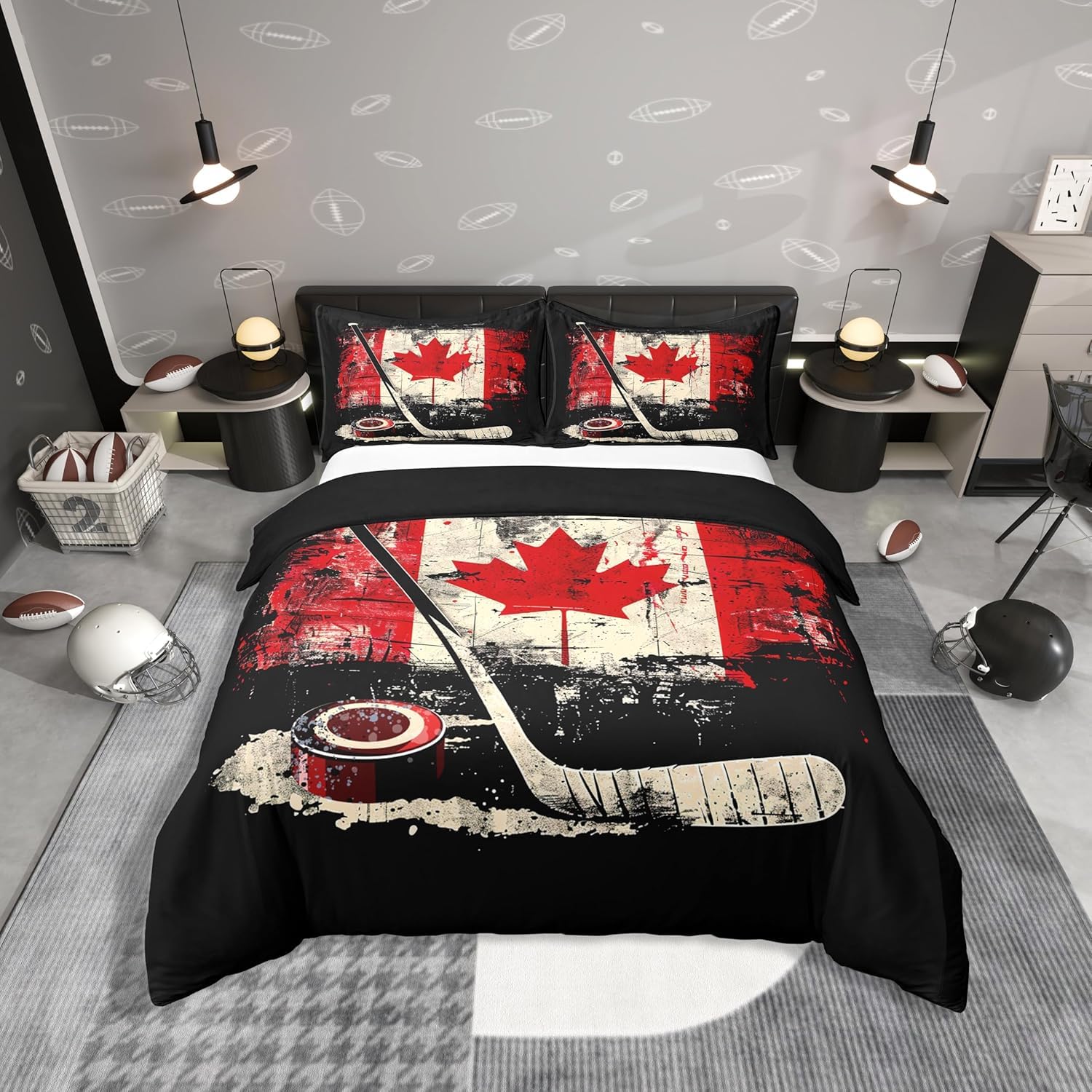 Homemissing Kids Ice Hockey Bedding Set Double Size Canada Flag Duvet Cover for Boys Girls Winter Sports Comforter Cover Set Bedspread Cover Room Decor,1xDuvet Cover+ 2xPillow Shams