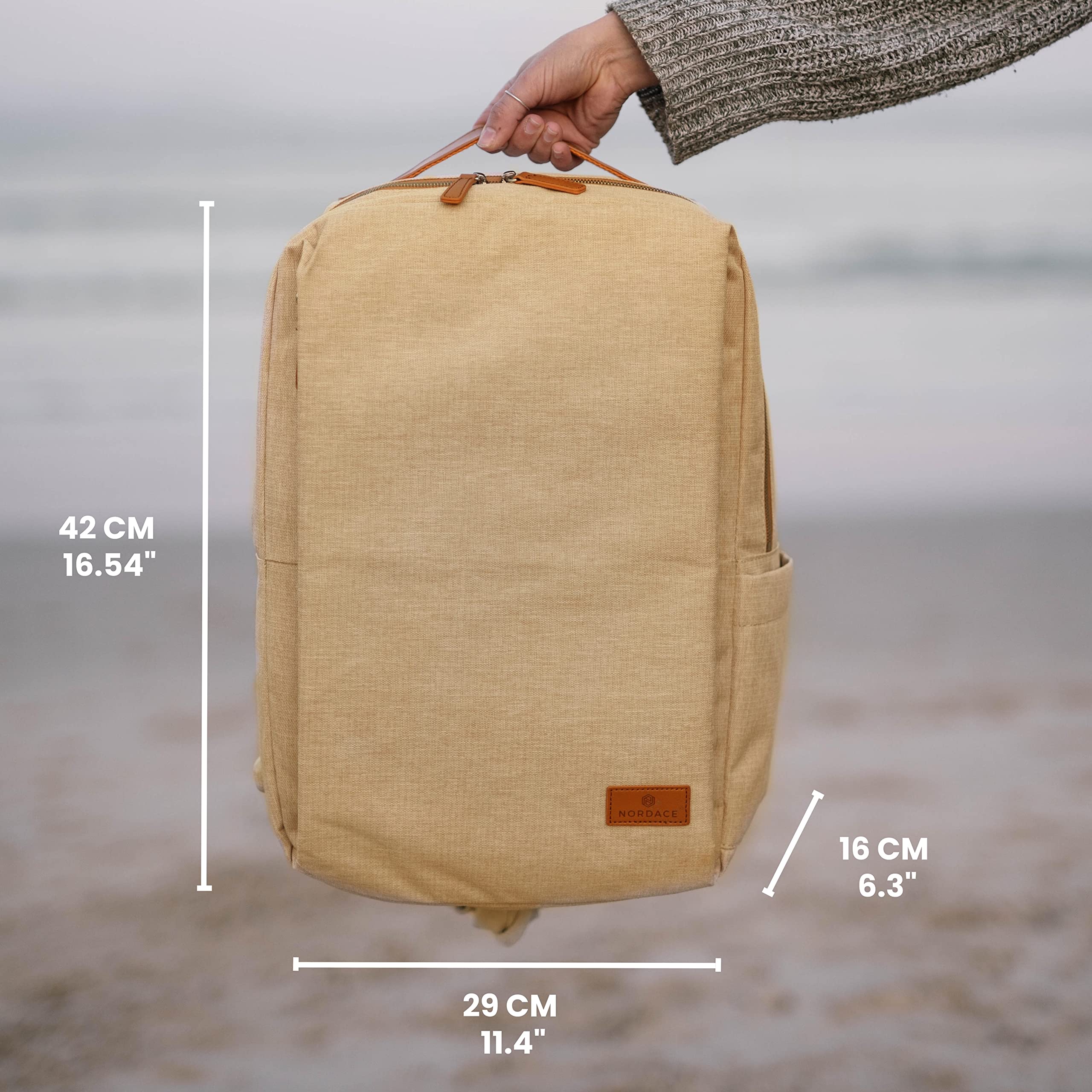 Nordace Siena plecak na laptopa 15,6", dla mężczyzn i kobiet, z portem ładowania USB, wodoodporny, na co dzień, w podróży lub do pracy, Khaki, 19L, Plecak podróżny