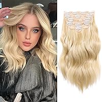 Vista 10 de NAYOO Extensiones de cabello con clip, de 20 pulgadas, largo, ondulado, rizado, rubio ceniza, extensiones de cabello sintético de cabeza completa