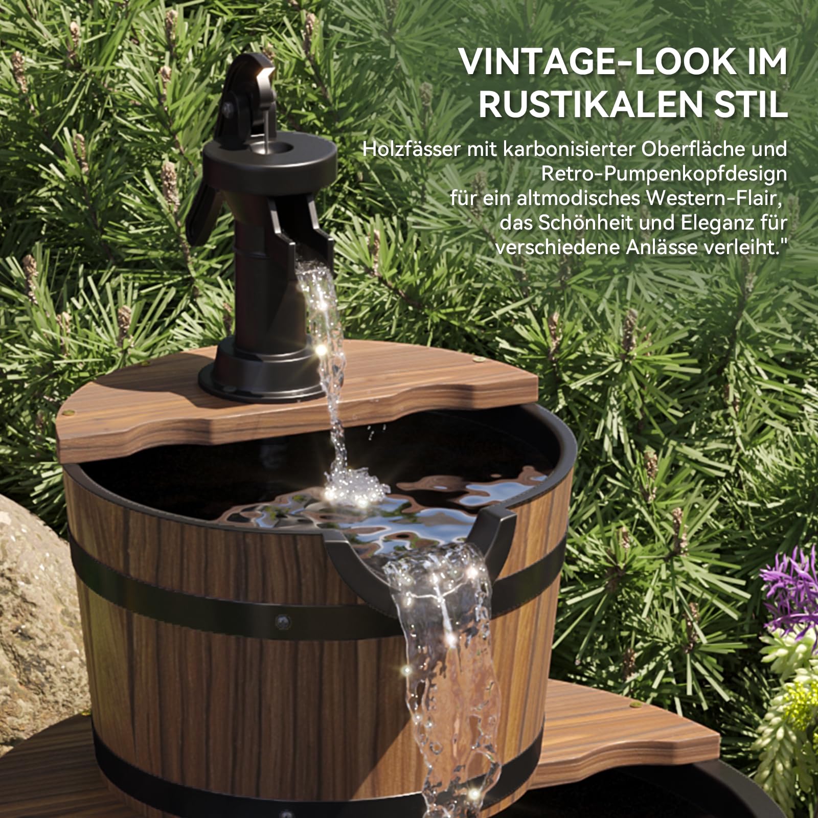 Aoxun Brunnen Holz, Gartenbrunnen mit Pumpe, Holzbrunnen Holzfass Zierbrunnen, für Springbrunnen Gartendeko, Garten Rasen Terrasse Hinterhof, 44,5 x 61 cm, Braun