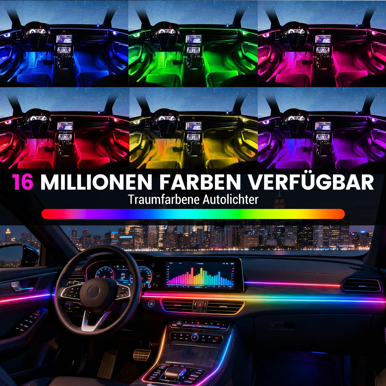 HMYC Luci per interni in acrilico a colori sognante per auto, 2 pezzi 110cm/43,3 pollici 128 striscia LED colorata per auto RGB in fibra ottica arcobaleno, luci neon per atmosfera dinamica universale