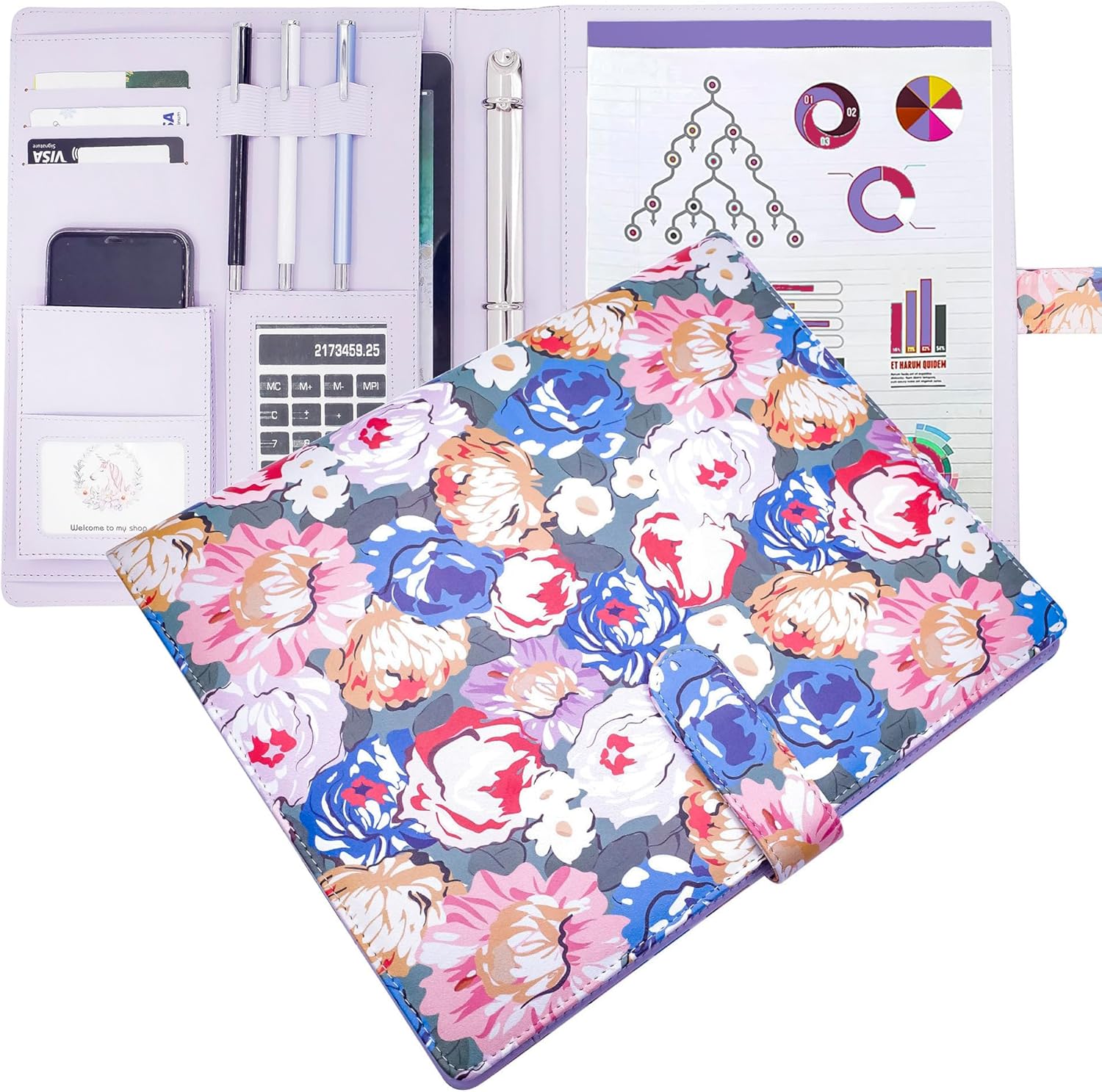 LOSOPHY Portfolio Binder Three Ring Binder 1 inch,Leather Padfolio Binder - Organizer Document - Office Binder Organizer for Women. (10"x13", 1 inch Three Ring Binder, Floral)