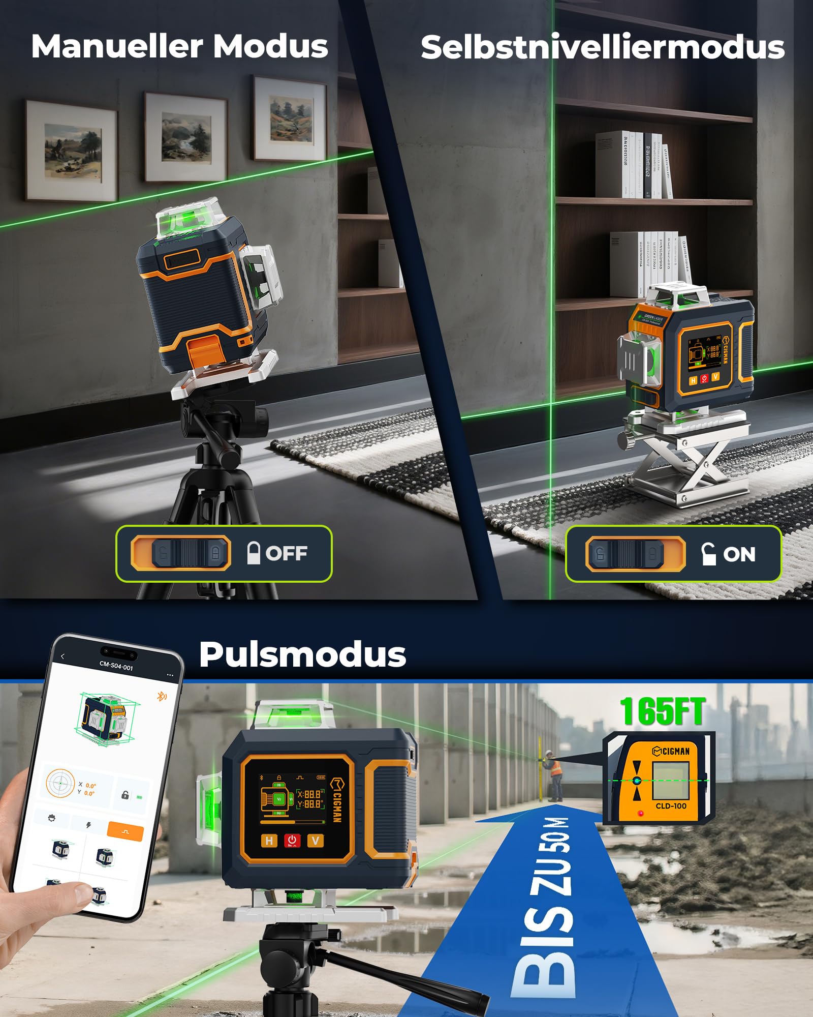 Kreuzlinienlaser mit Laserempfänger, CIGMAN APP Intelligente Kontrolle 4x360 Grad Selbstnivellierend Laser Wasserwaage, mit LCD-Display, Linienlaser Baulaser Kreuzlaser Grün für Innenbereich Bauste