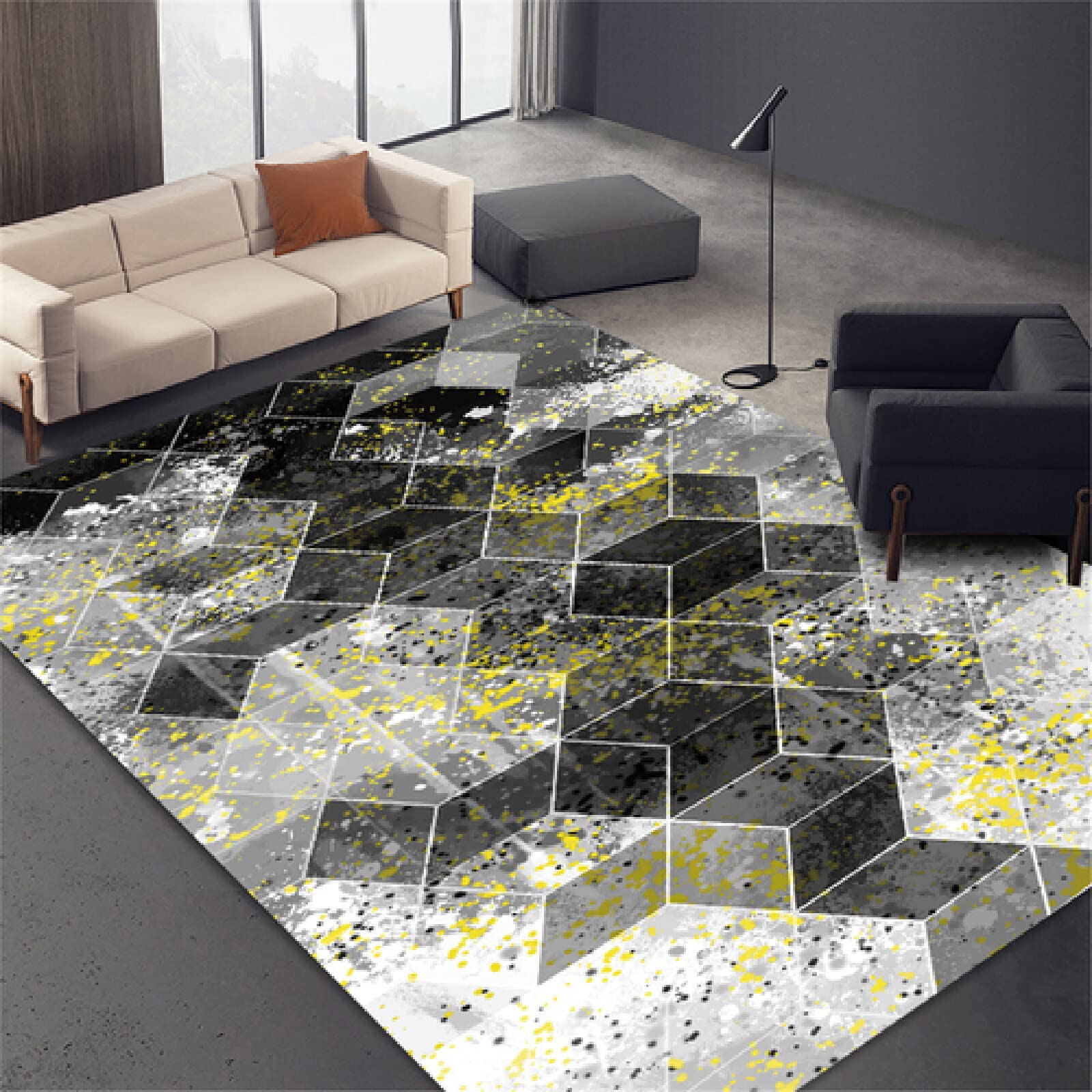 rug hallway Non-Fading 3D visual geometric pattern Kids Bedroom Rug 160X230cm colour: black gray yellow white