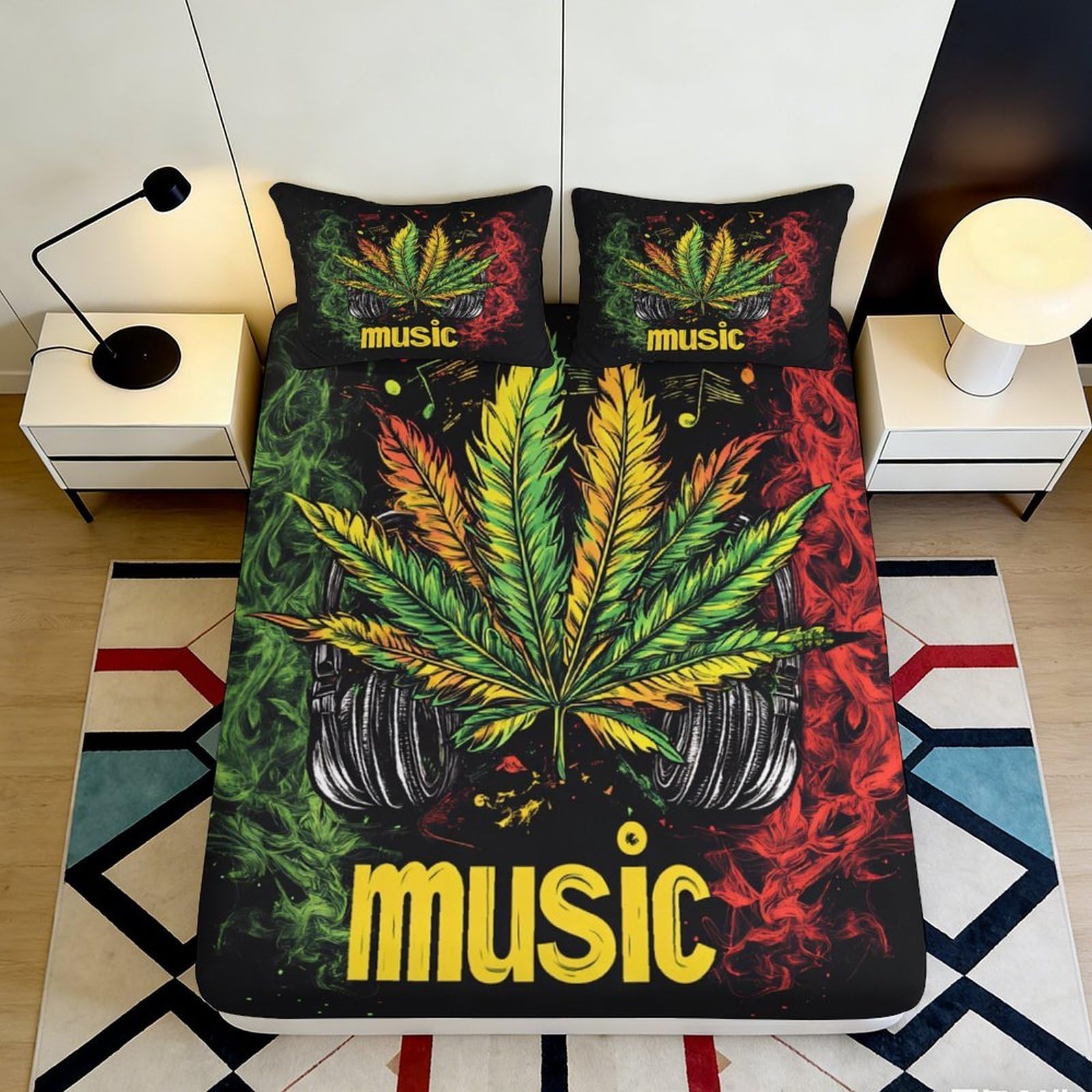 Pnayamiorkfel Style-8 3D Printed Reggae Leaf Fitted Sheet Microfiber Music Art Bed Cover Anti-Slip Machine Washable Bedroom Dorm Decor 90X200x25cm