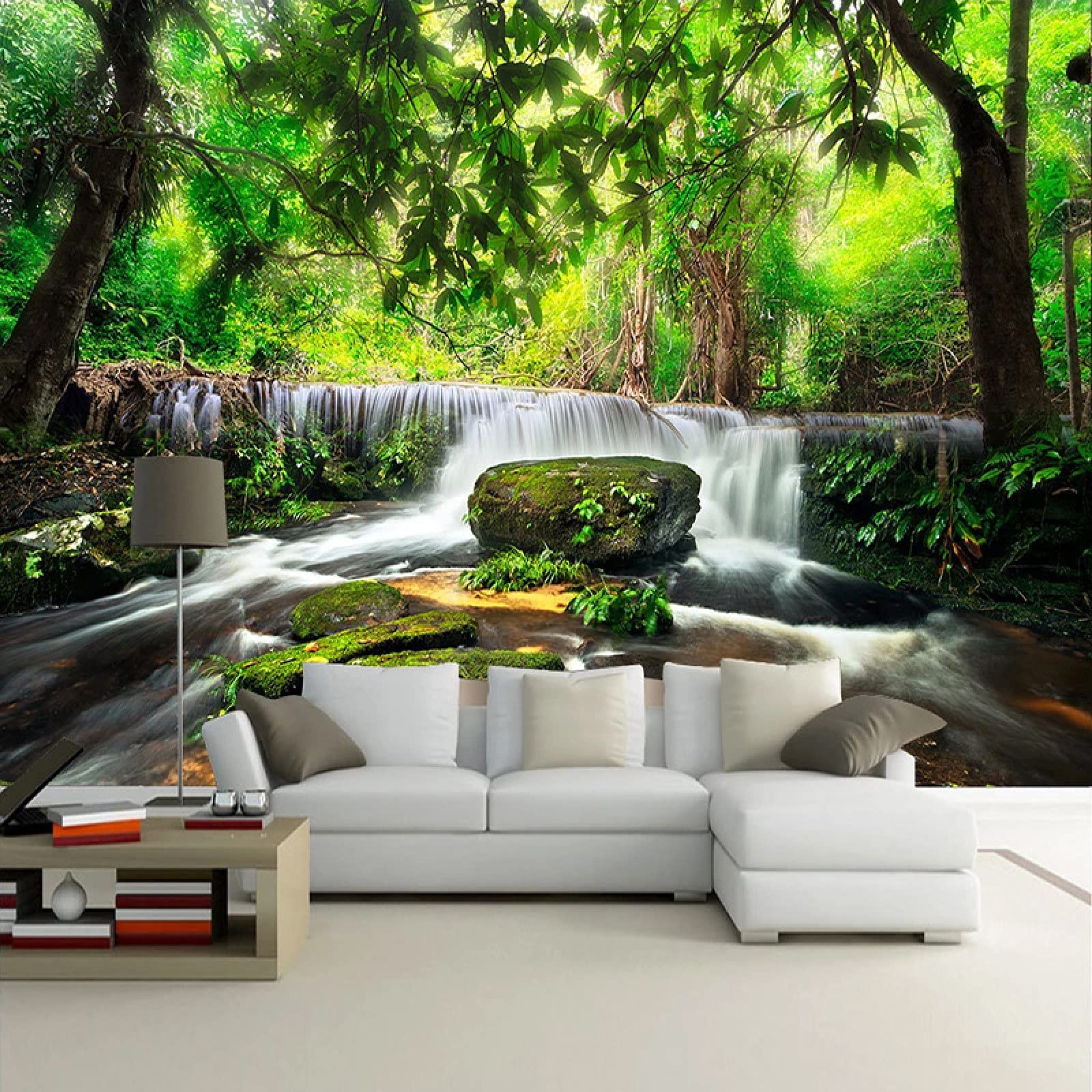 Papier Peint 3D Autocollant Forest Waterfall - Décoration Murale Effet Cascade Forêt - Design Immersif