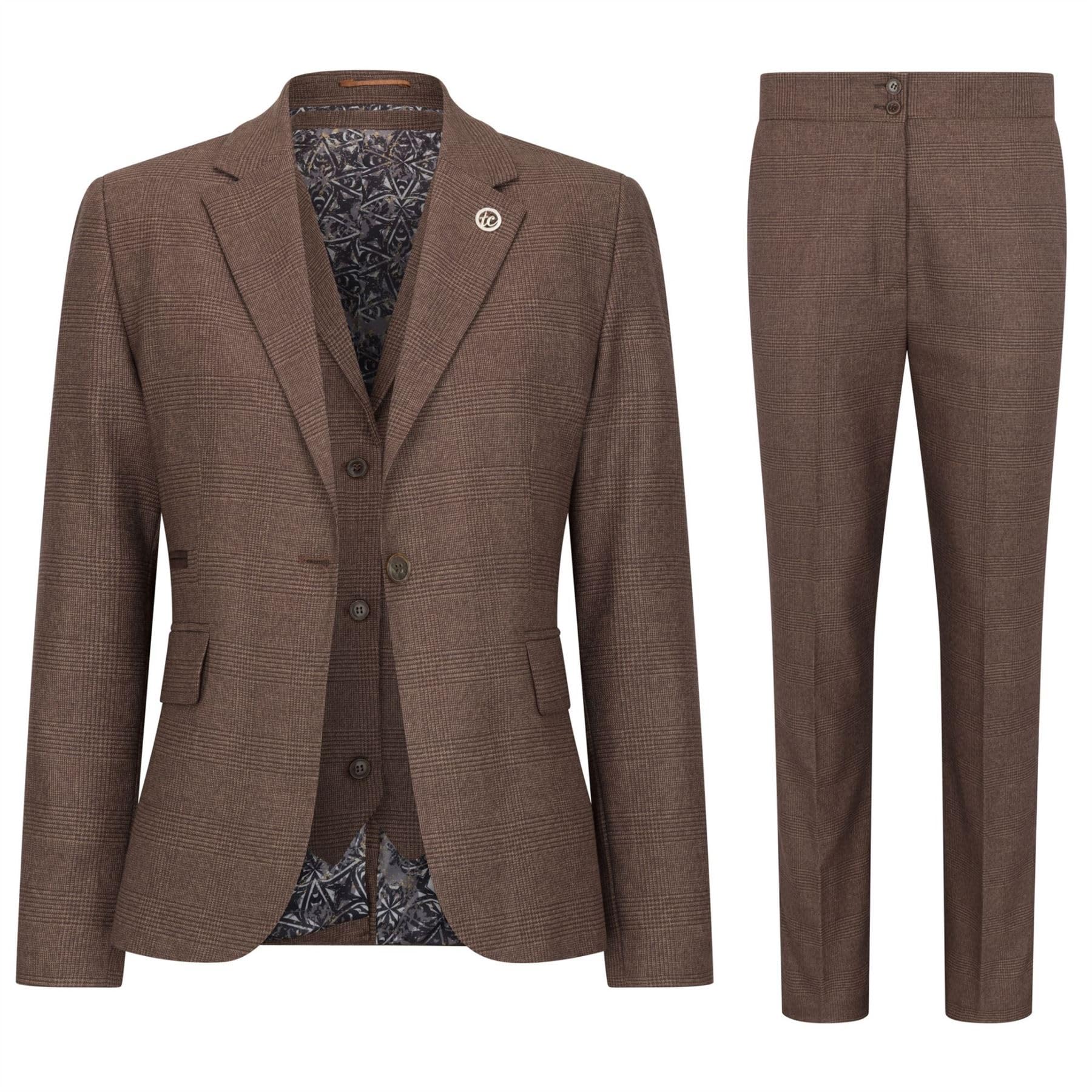 TruClothing.com Damen Anzug 3 Teilig Braun Preis von Wales Karo Tailored Fit Business Formal Damen Kleid
