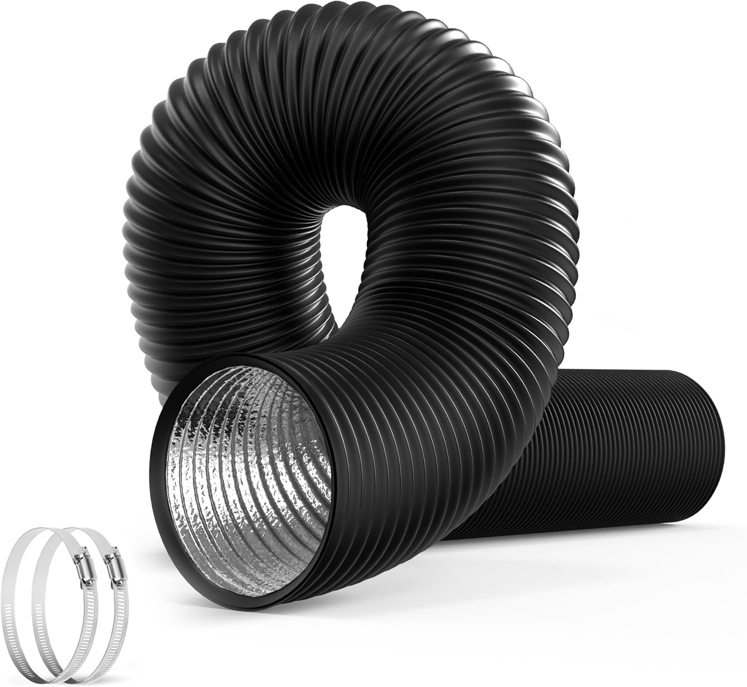 HealSmart 12 Inch 25 FT Flexible Aluminum Duct, Equipped with 2 Clamps and 4 Layers of Protective Drying Tube for Heating Cooling Ventilation and Exhaust Fan, Black