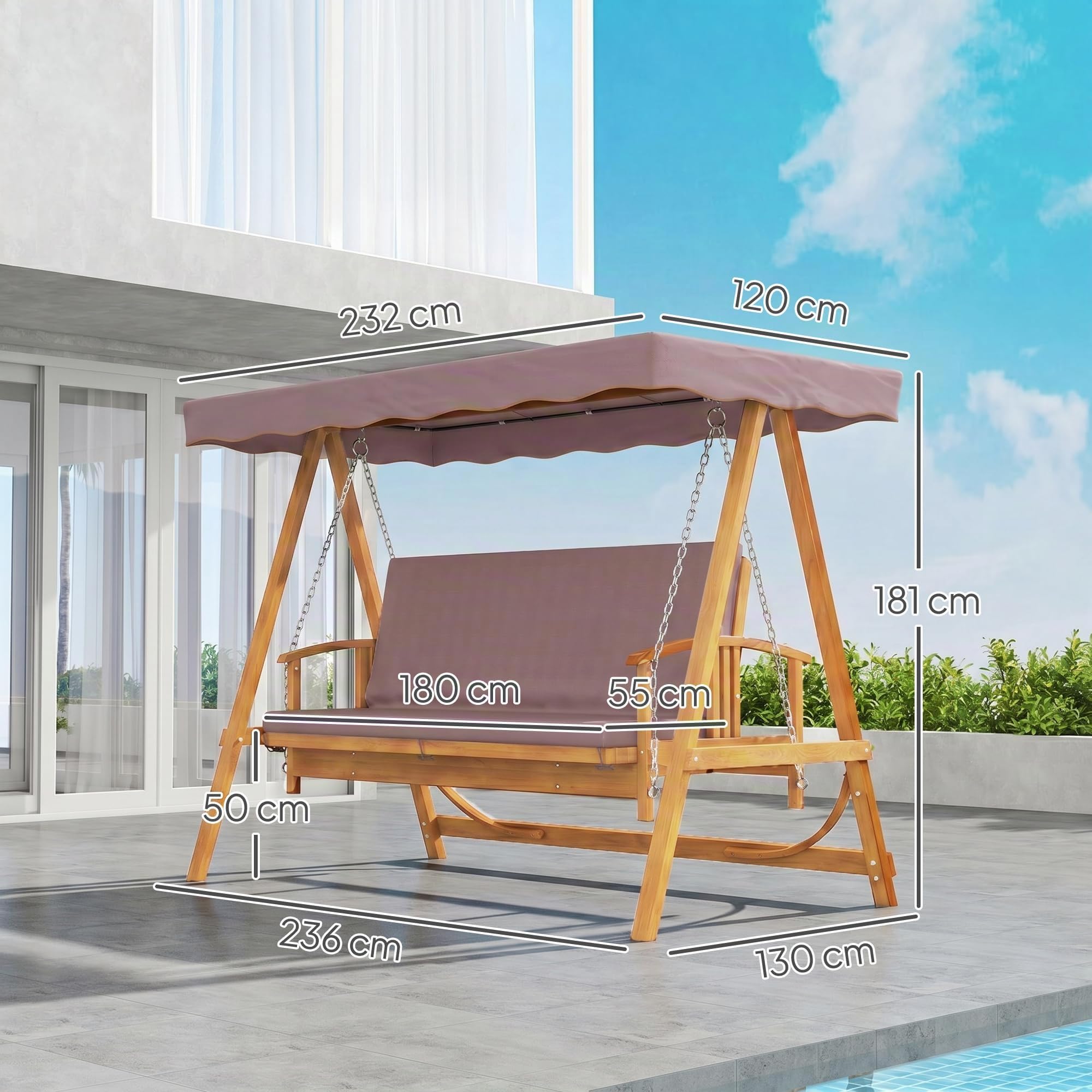 Outsunny Altalena da giardino 2 in 1 con funzione allungata, 3 posti, in legno, con tetto parasole, seduta, panca a dondolo fino a 330 kg, per giardino, terrazza, 236 x 130 x 181 cm, marrone